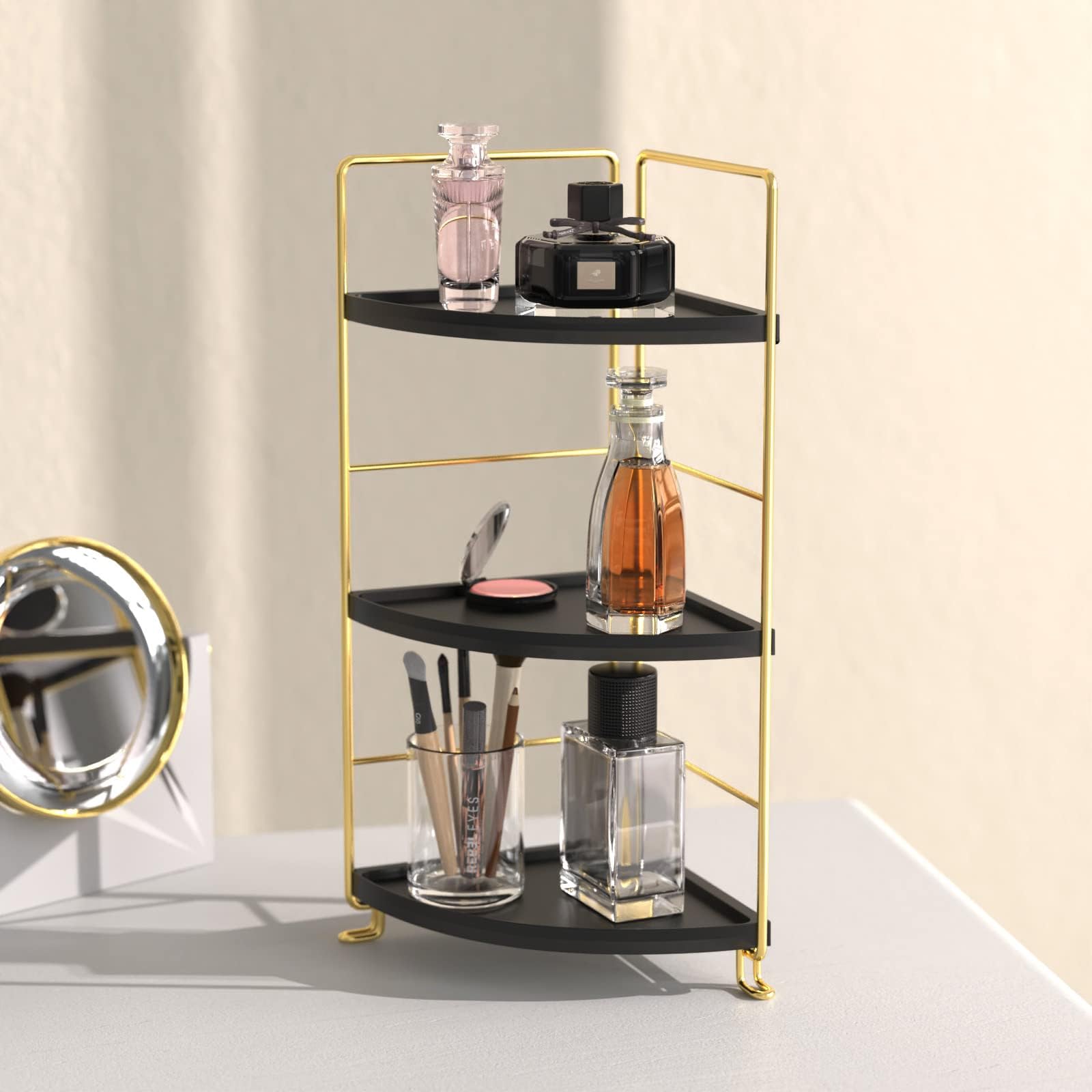 3-Tier Corner Bathroom Organizer Countertop Storage Shelf - Plastic Vanity Tray for Makeup, Jewelry & Toiletries - Space-Saving Organizer for Kitchen, Bathroom, Dresser (Gold) - Perfect for Small Spaces & Clutter-Free Countertops