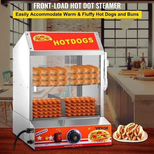 2 Tier Commercial Stainless Steel Hot Dog Steamer 27L with Bun Warmer - Perfect for Restaurants, Food Trucks & Concession Stands | SKU: 4393230