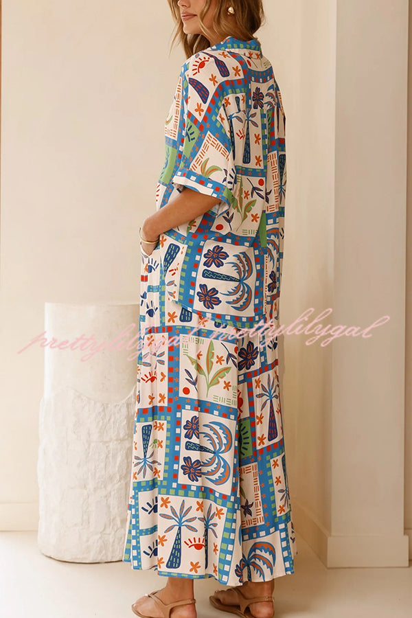 Stylish Floral Print Lapel Short Sleeve Blouse with Elastic Waist Casual Wide Leg Pants Set - Perfect for Summer Outfits, Beach Vacations & Boho Fashion