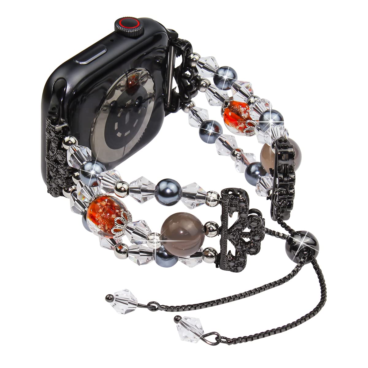Premium Adjustable Elastic Beaded Apple Watch Bands for Women - Hand-Woven Agate Stone Crystal Pearl Bracelet - Compatible with iWatch Series 7/6/5/4/3/SE (Fits 38mm 40mm 41mm 42mm 44mm 45mm) - Perfect for Workouts, Office Wear & Casual Fashion Accessories