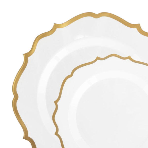 32-Piece White & Gold Round Plastic Dinnerware Set - Elegant Disposable Plates, Bowls, Cups & Cutlery for 16 Guests - Perfect for Weddings, Parties, Catering & Outdoor Events