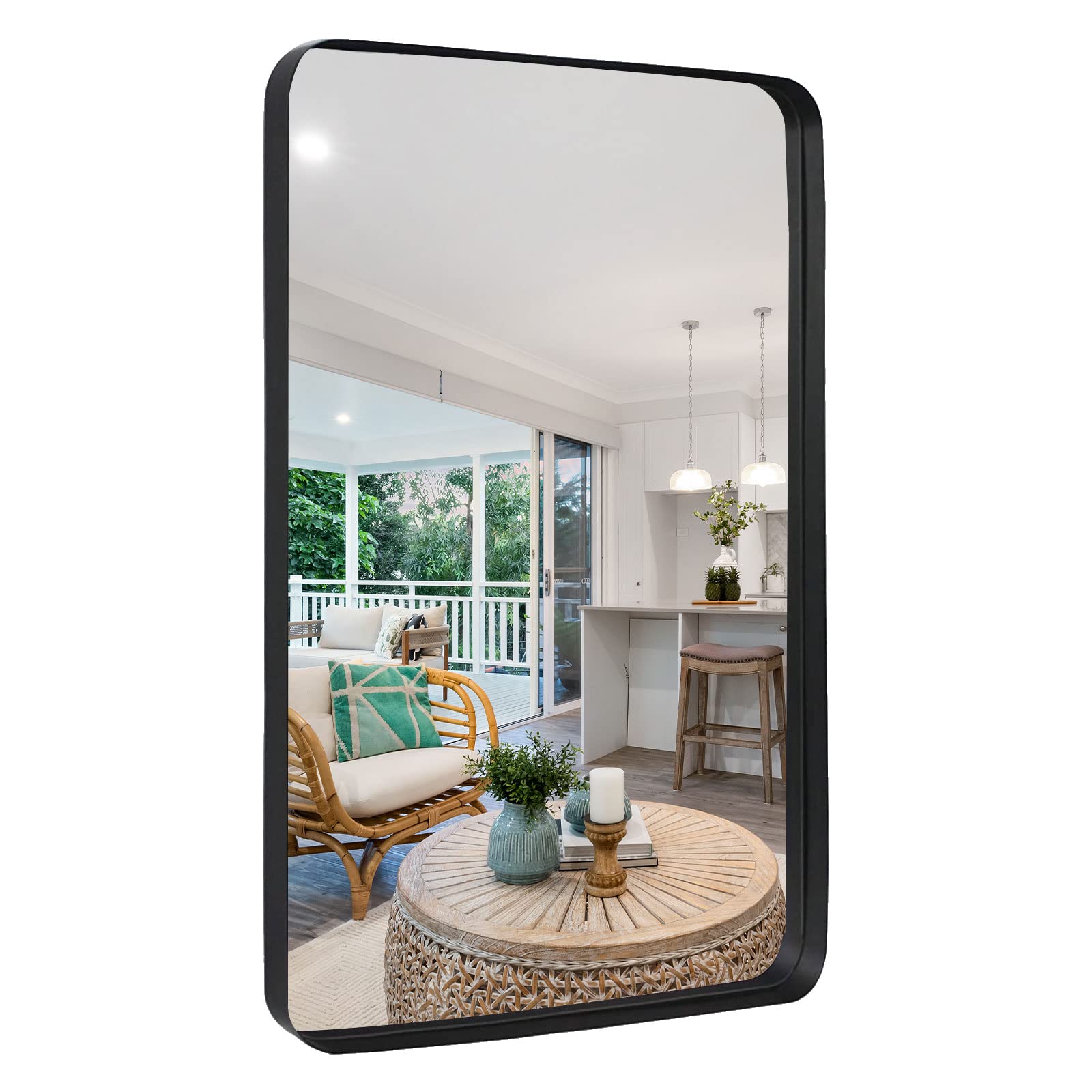 Black Round Rectangle Bathroom Mirror 22x30 Inch - Metal Frame Vanity Mirror for Horizontal or Vertical Hanging - Perfect for Makeup, Entryway & Living Room Decor