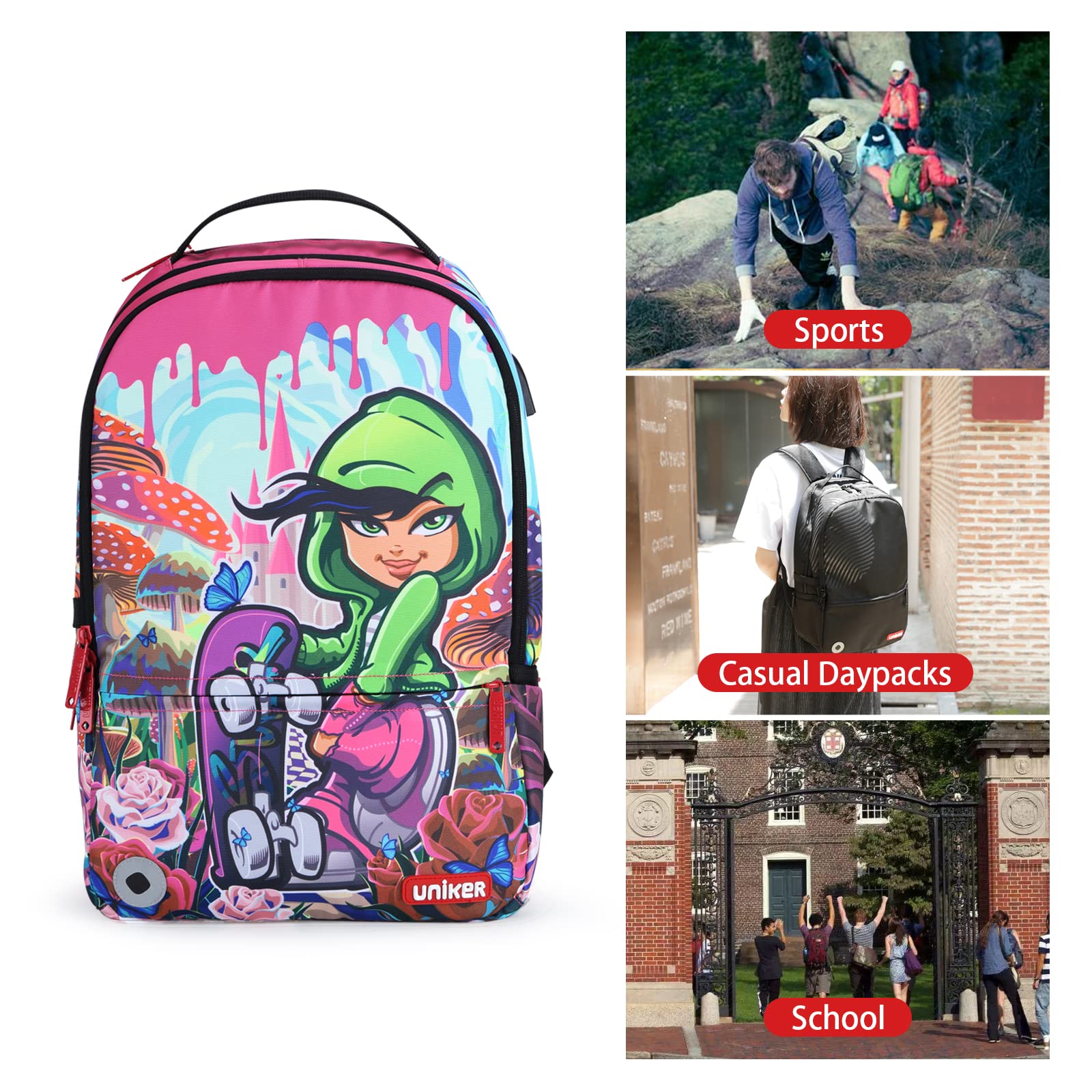 UNIKER Stylish Laptop Backpack for Women & Girls - USB Charging Port, Water Resistant, Fits 15.6 Inch Laptop - Graffiti Design School Backpack, Travel & Skateboard Friendly - Perfect for Work, College & Daily Commute
