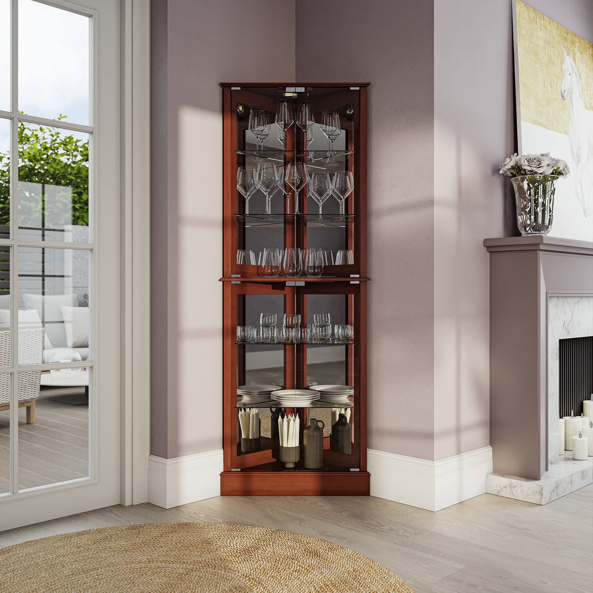 BELLEZE Wooden Corner Curio Cabinet with LED Lights & Tempered Glass Door - 6 Adjustable Shelves, Liquor Storage - Walnut Finish for Living Room, Dining Room & Home Bar Display