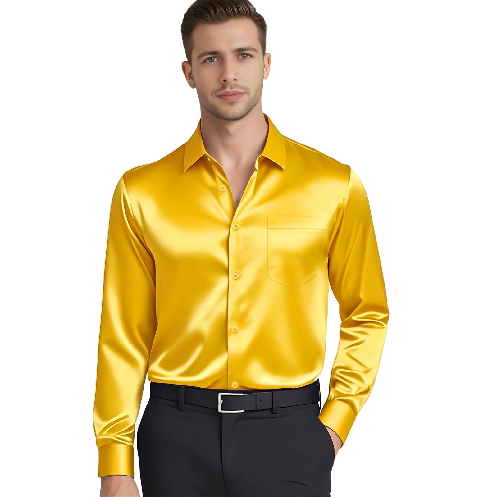 Premium Men's Satin Long Sleeve Dress Shirt - Shiny Button Down Formal Shirt with Pocket - Regular Fit for Wedding, Party & Business Occasions - Office Wear & Special Events Attire