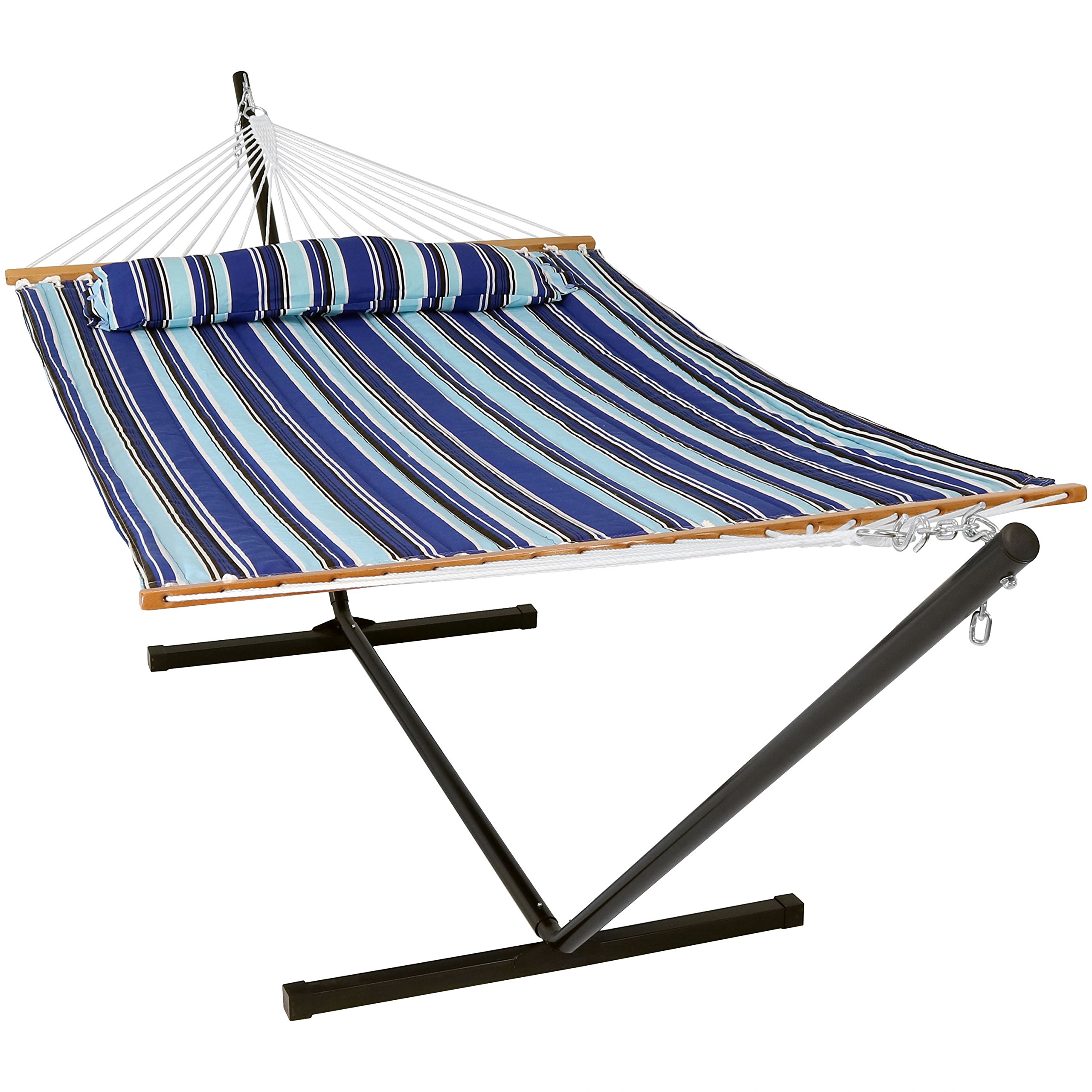 Premium Sunnydaze Quilted Double Hammock with 12-Foot Steel Stand - 350 lb Capacity for 2 Persons - Perfect for Backyard, Beach, Camping & Outdoor Relaxation - Catalina Beach Design