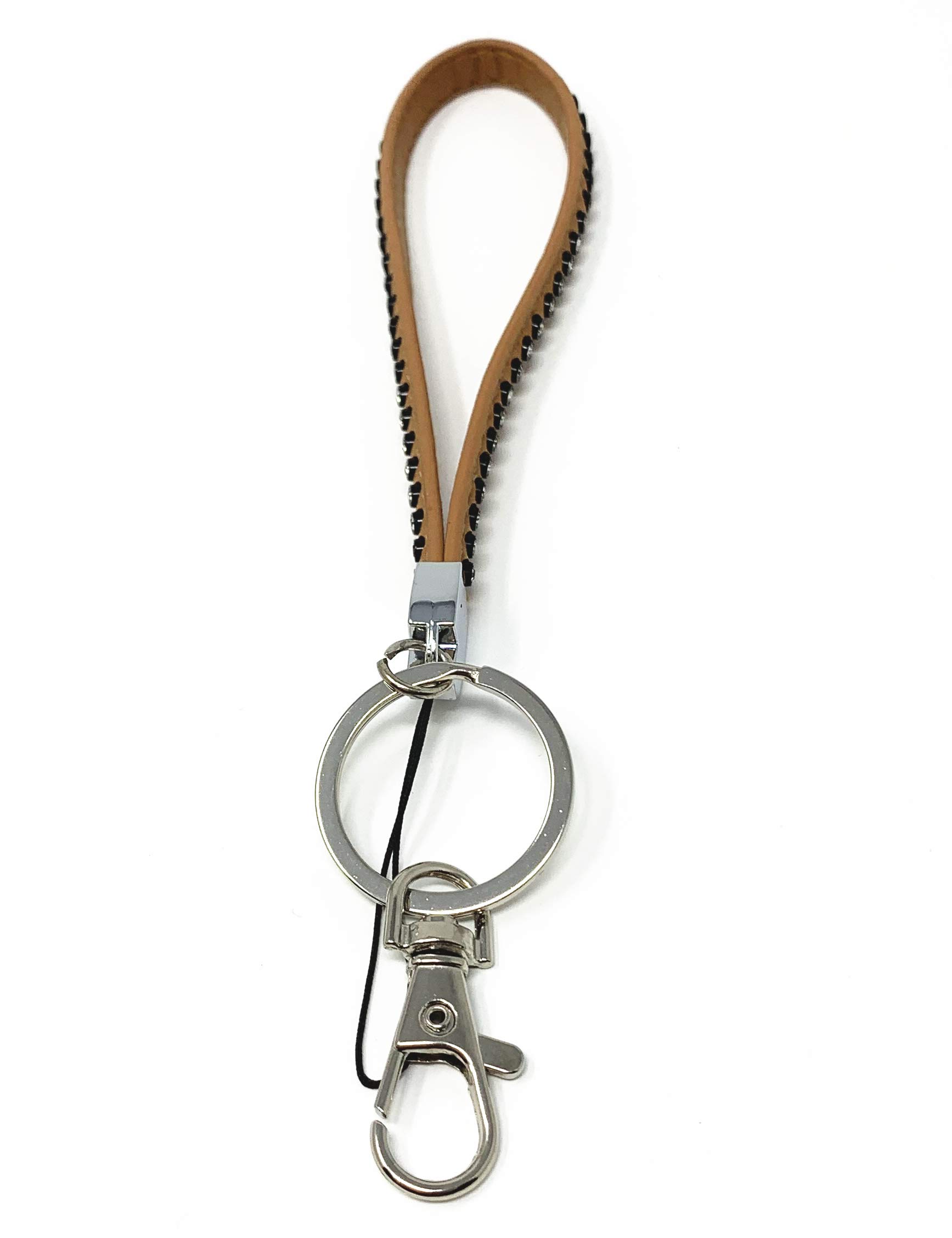 Stylish PU Leather Rhinestone Wristlet Keychain with Keyring & Clasp Hook - Brown | Perfect for Handbags, Wallets & Key Organization
