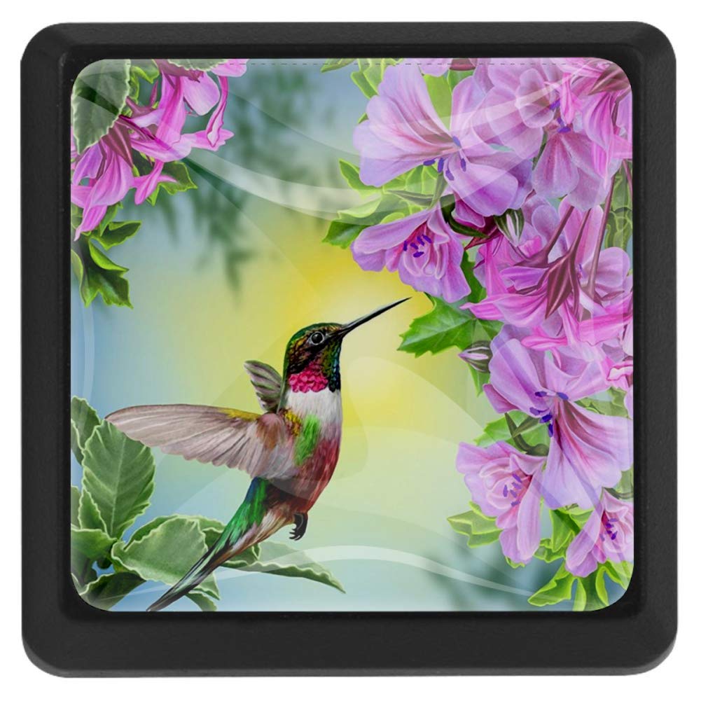 3Pcs Pink Flower Hummingbird Cabinet Knobs - Kids Drawer Handles for Kitchen Dresser Wardrobe