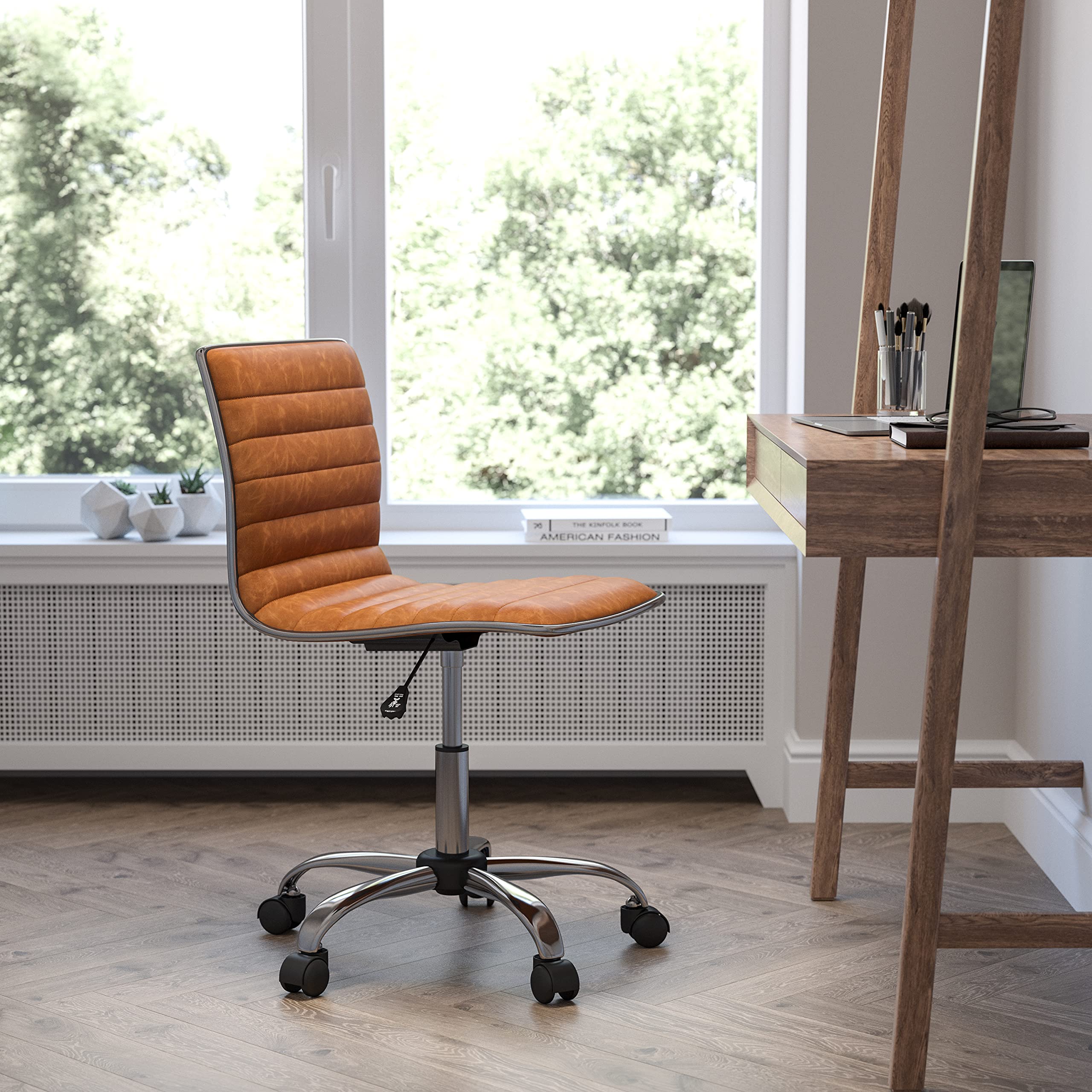 Flash Furniture Alan Office Task Chair - Brown Vinyl Ergonomic Desk Chair with Chrome Frame, Armless Design, Ribbed Back Support & Comfortable Seat for Home Office, Study or Workspace - Perfect for Long Hours Computer Work & Conference Rooms