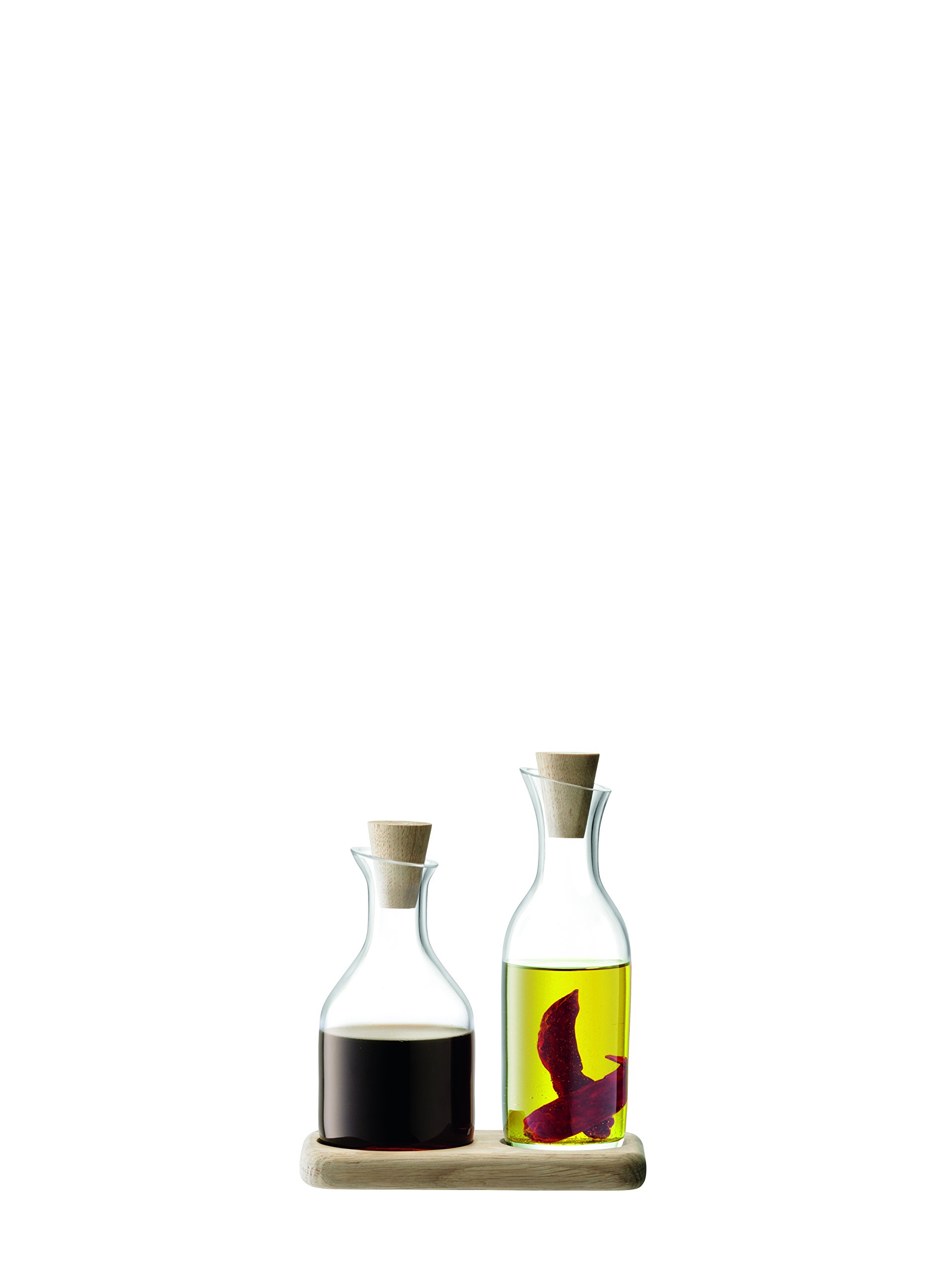 Premium Glass Oil and Vinegar Set with Oak Wood Base - 15 cm Clear Bottles for Kitchen, Dining Table, and Gourmet Cooking - Perfect for Salad Dressing, Dipping, and Home Decor