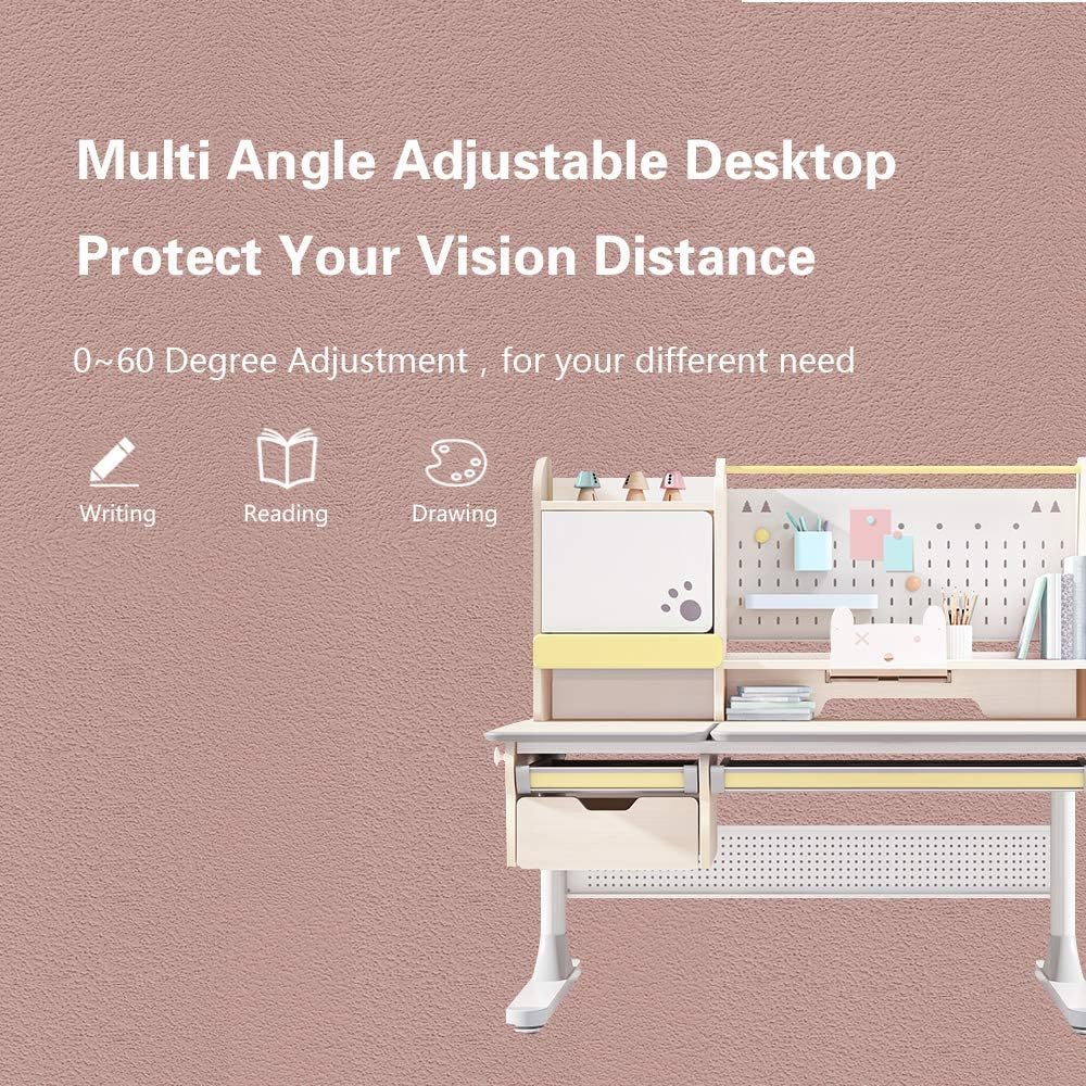 FCD Adjustable Wooden Kids Study Desk and Chair Set - Ergonomic Children's Writing & Reading Desk with Large Bookshelf, Tiltable Desktop, Storage Cabinets & Pull-Out Drawer - Perfect for Homeschooling, Online Learning & Bedroom Study (Pink Chair Included)