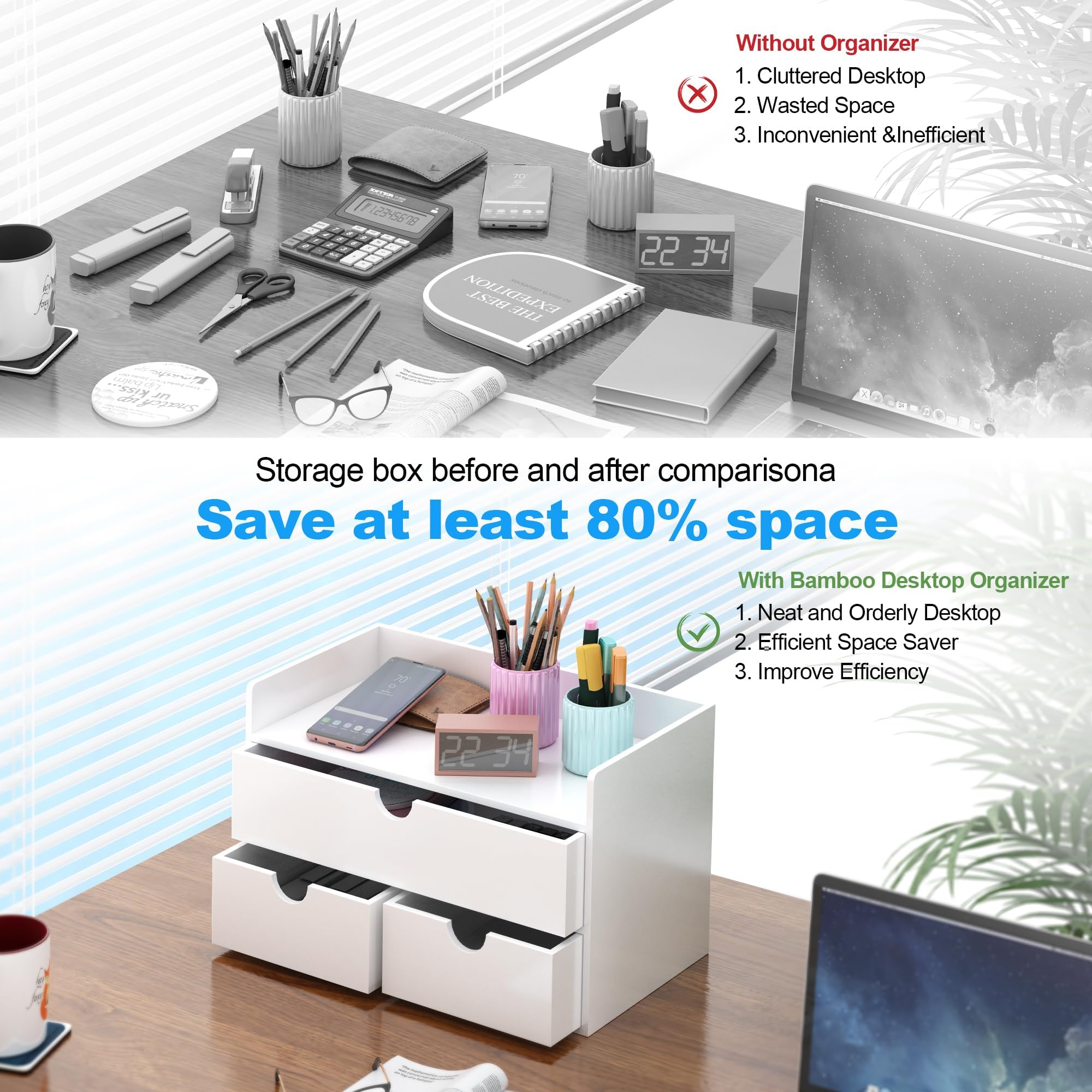 Wisuce Bamboo Desk Organizer with Shelf - Mini Tabletop Drawer for Office & Home Storage | Perfect for Organizing Cosmetics, Stationery & Small Items | White Bamboo Desktop Organizer for Workspace & Vanity