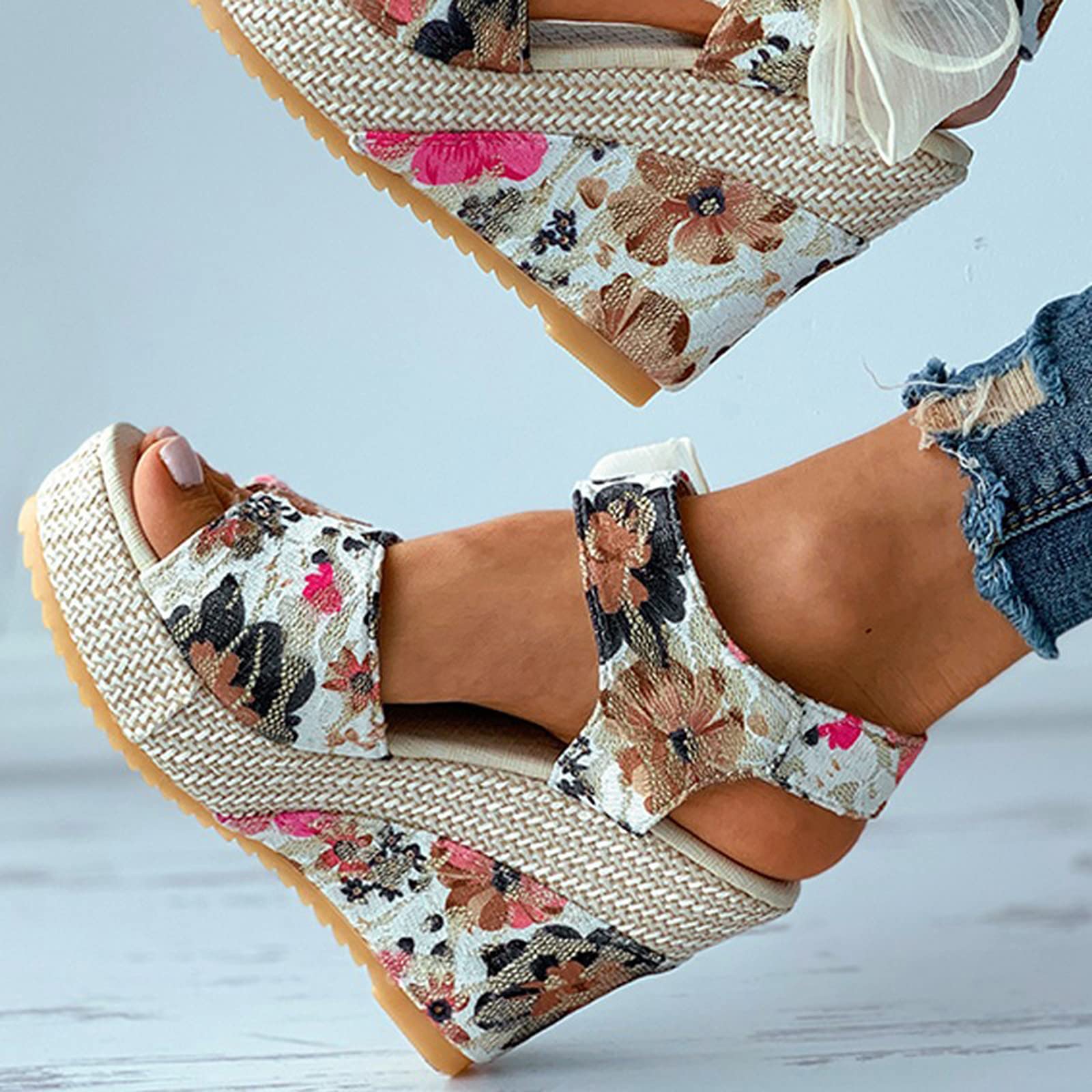 Trendy Women's Open Toe Tie-Up Espadrille Wedge Sandals with Floral Design - Comfortable Slide Wedges for Summer Beach, Vacation & Casual Outfits