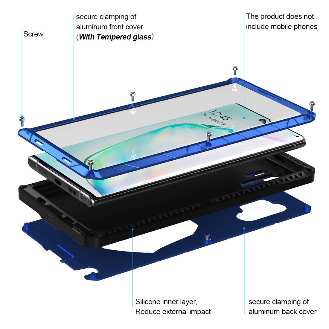 Feitenn Heavy Duty Metal Case for Samsung Galaxy Note 10 Plus/Note 10+ 5G - Military Grade Shockproof Protection with Gorilla Glass Cover & Aluminum Bumper (Blue) | Perfect for Outdoor Adventures, Construction Work & Extreme Sports Protection