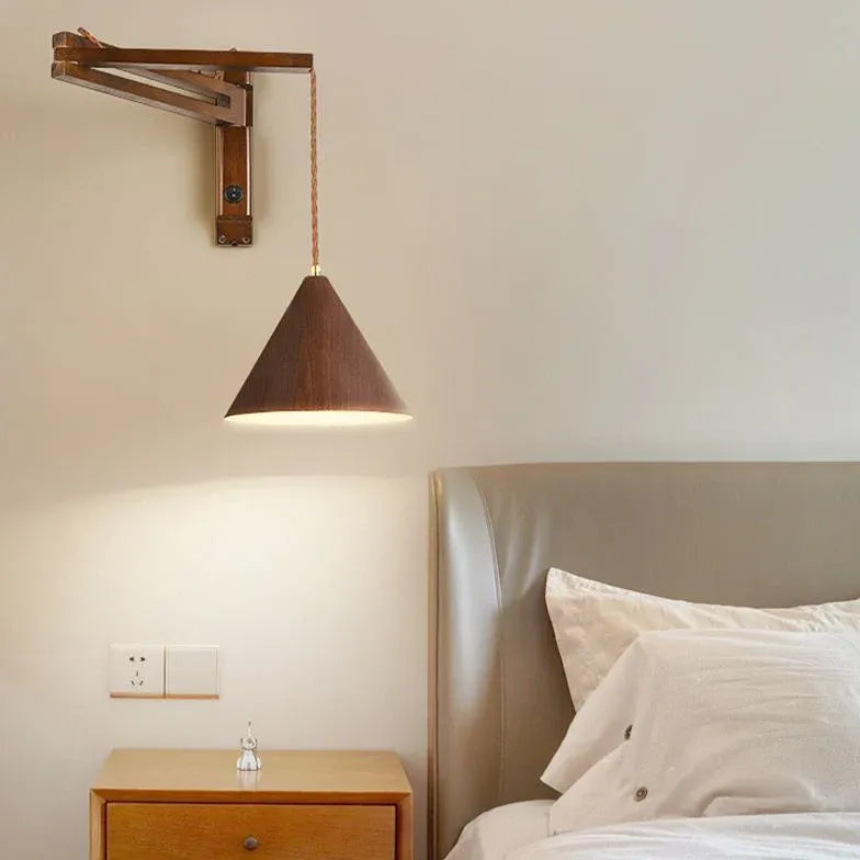 Adjustable Wooden Cone Wall Sconce - Modern Bedroom Lighting Fixture for Cozy Ambience, Perfect for Reading Nook and Nightstand Decor