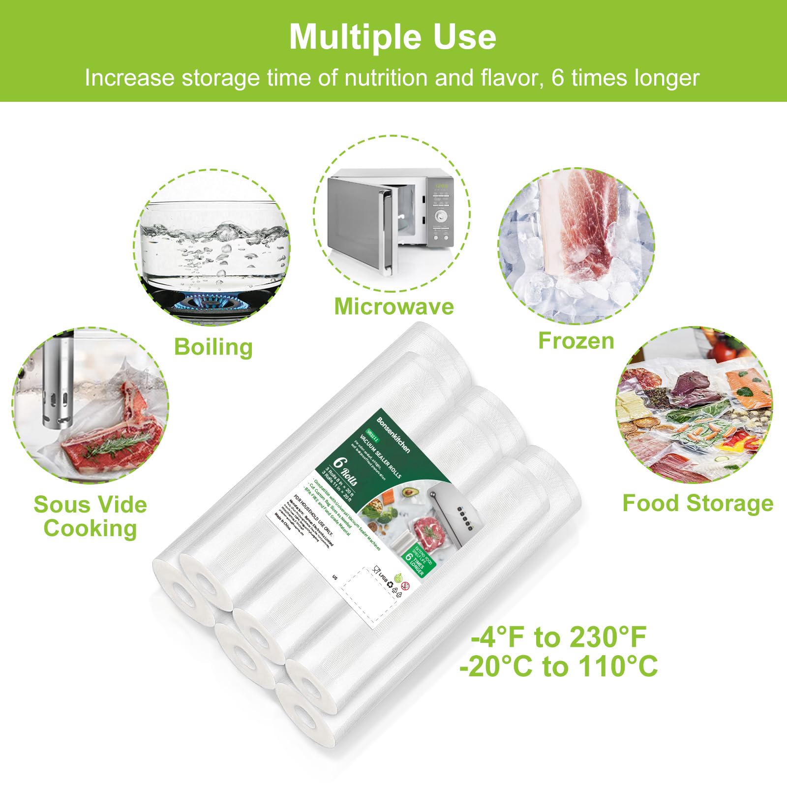 Bonsenkitchen Vacuum Sealer Bags - 6 Pack (3 Rolls 11