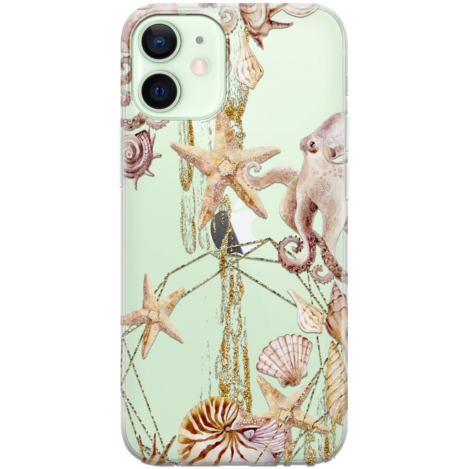 Premium Luxury Nautical Print Silicone Phone Case for iPhone 15 Plus/14/13 Pro Max/12 Mini/SE/11/Xr/Xs/8/7 - Durable Octopus Beach Design with Glitter & Transparent Sea Accents - Perfect for Coastal Vacations, Summer Travel & Everyday Protection