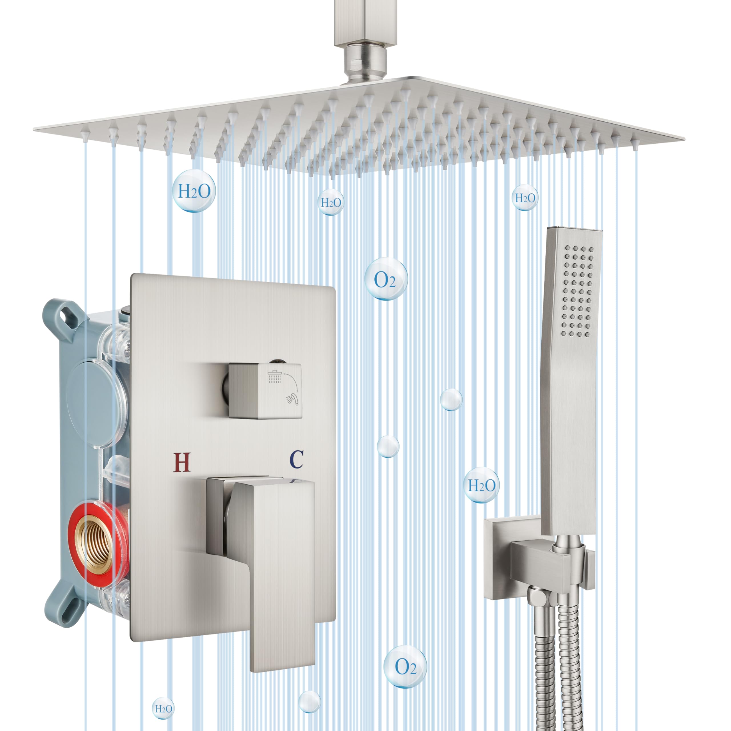 12 Inch Ultra-Thin Ceiling Mount Rain Shower System - Brushed Nickel SUS304 Luxury Shower Head with Handheld & Rough-in Valve - Perfect for Modern Bathroom & Spa Experience