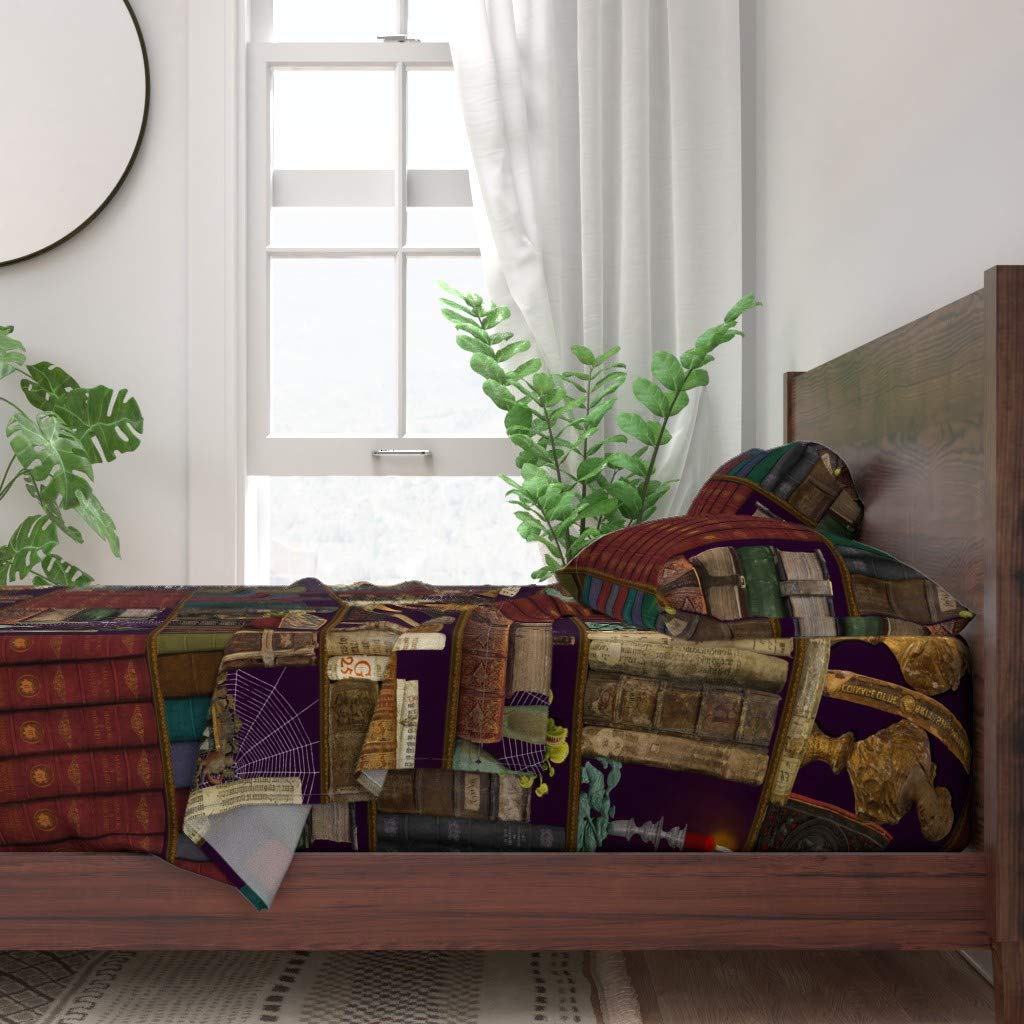 100% Cotton King Size 4-Piece Sheet Set | Dark Library Magic Bookshelf Print | Custom Bedding for Halloween & Fantasy Decor | Perfect for Nerdy, Whimsical & Antique Themed Bedrooms
