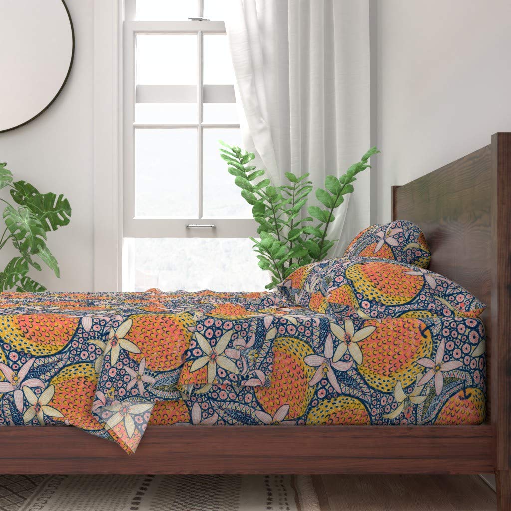 100% Cotton Twin Sheet Set 3pc - Ornate African Orange Blossom Tropical Fruit Folk Art Citrus Print Custom Bedding | Soft & Breathable for All Seasons | Perfect for Guest Rooms, Dorms & Tropical Themed Bedrooms