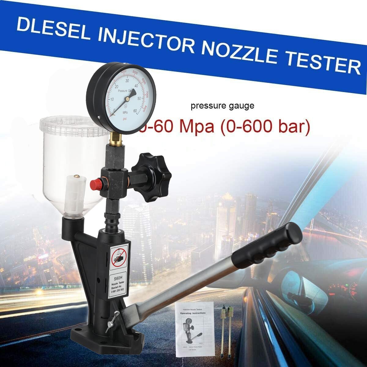 600Bar Diesel Injector Tester 8700PSI - Dual Scale Gauge for Adjusting & Testing Diesel Fuel Injector Nozzle Pop Pressure - Perfect for Automotive Repair Shops & Diesel Engine Maintenance