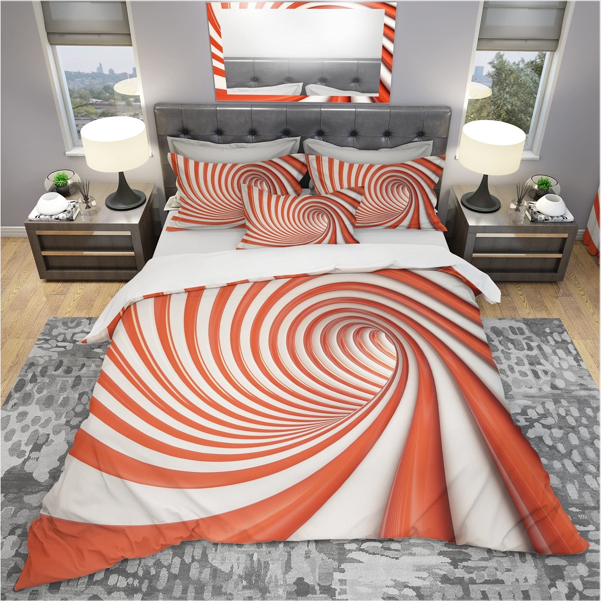 DESIGN ART Designart 'Red and White Lined Spiral' Modern & Contemporary King Size Bedding Set - Duvet Cover + 2 Pillow Shams | Luxury Soft Microfiber, Wrinkle Resistant | Perfect for Master Bedroom, Guest Room & Modern Home Decor