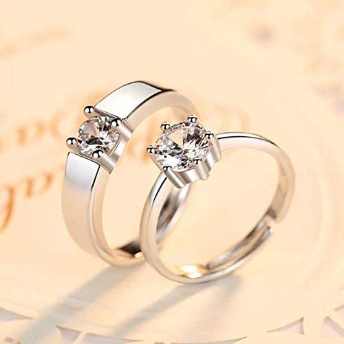 MEENAZ Couple Rings Set for Women & Men - CZ Solitaire Engagement Rings, American Diamond Heart Love Bands, Adjustable Valentine's Day Gift for Girlfriend/Boyfriend (Silver, Platinum Finish) - Perfect for Proposals, Anniversaries & Romantic Occasions