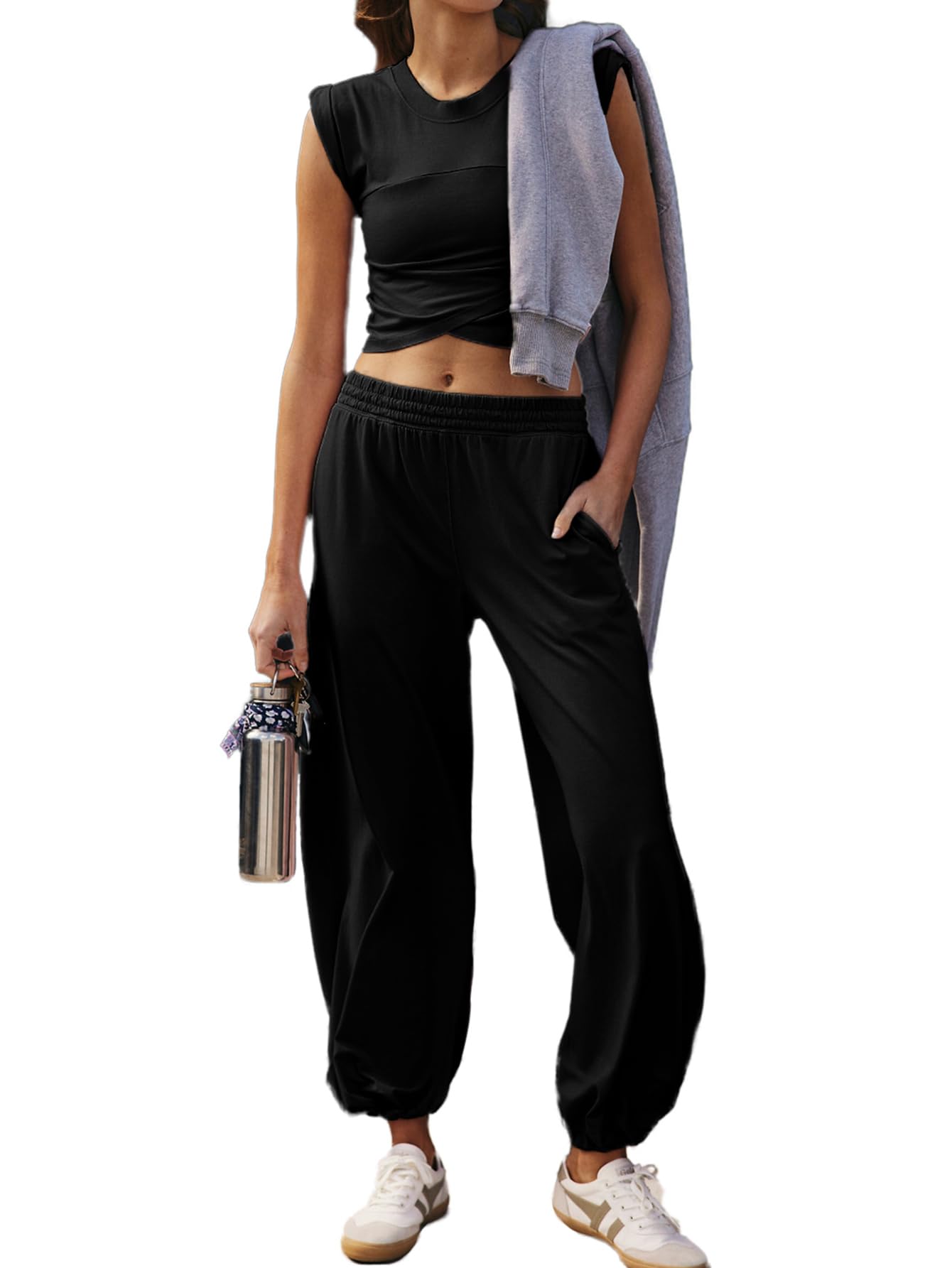 Glamaker Women's 2-Piece Athletic Set - Sleeveless Cropped Workout Top & High-Waist Sweatpants Joggers for Yoga, Gym, Running & Casual Wear