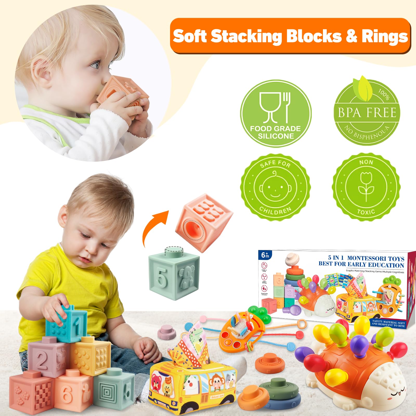 Montessori Toys for Babies 6-12 Months | Sensory & Fine Motor Learning Toys for Toddlers 1-3 Years | 5-in-1 Developmental Toy Set with Pull String, Stacking Rings & Tissue Box | Perfect for Early Childhood Education & Playtime Learning Activities