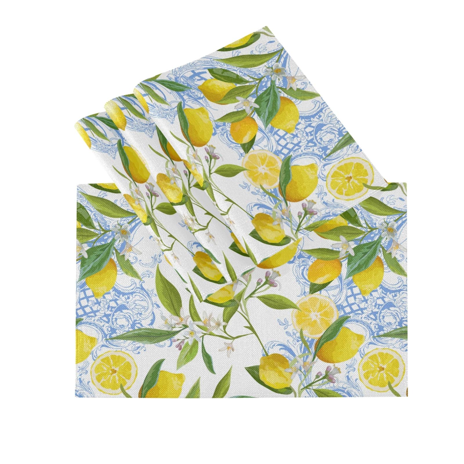 Baroque Yellow Lemon Placemats Set of 6 - Heat Resistant, Stain Resistant, Washable & Non-Slip Vinyl Table Mats for Dining Table Decor - Perfect for Kitchen, Breakfast Nook, and Outdoor Picnic Settings