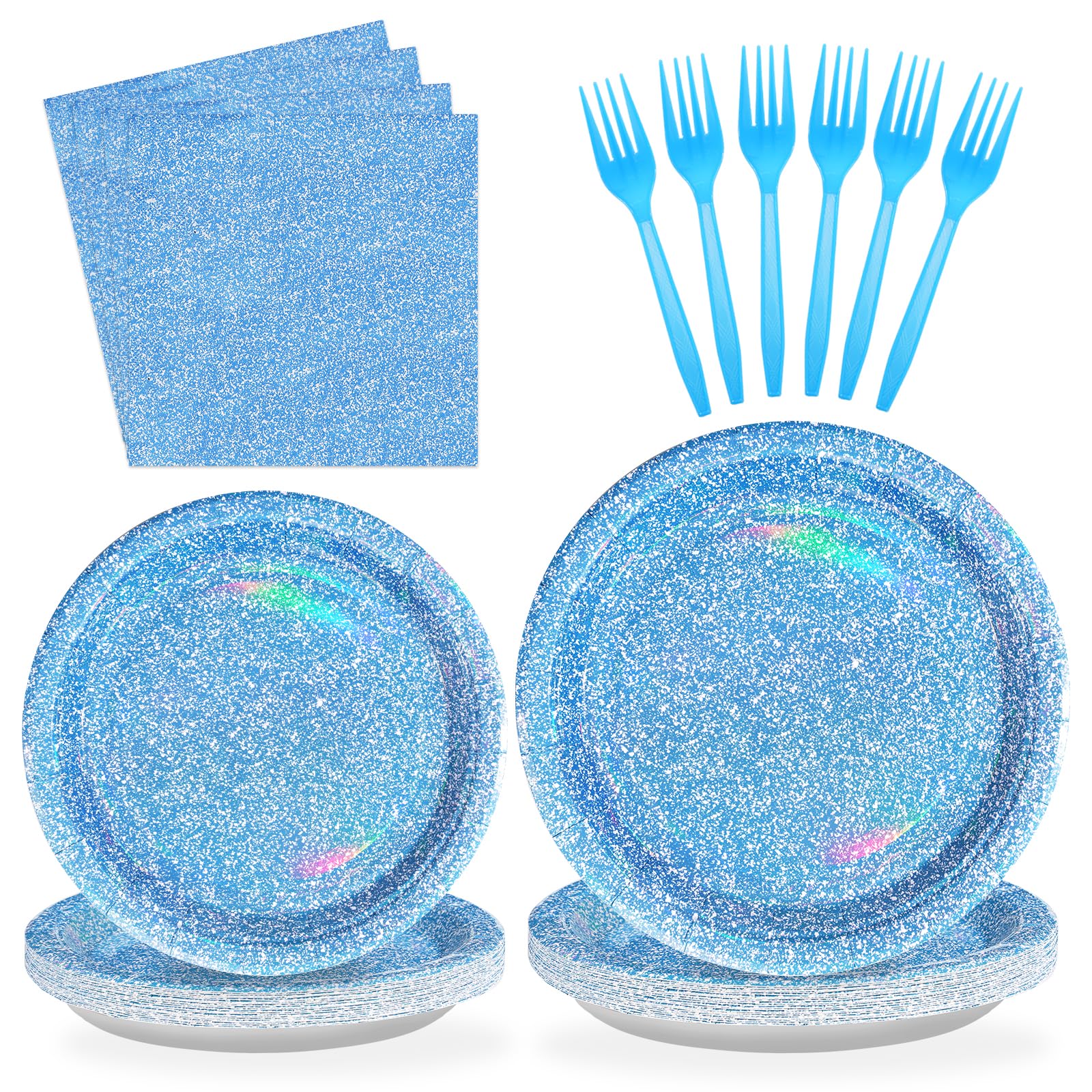 96 PCS Blue Party Supplies Set - 350 GSM Holographic Rainbow Plates & Napkins, Iridescent Blue Tableware for Winter Birthday, Wedding, Anniversary, Bridal & Baby Shower - Serves 24 Guests - Perfect for Holiday Celebrations, Themed Parties & Special Occasions