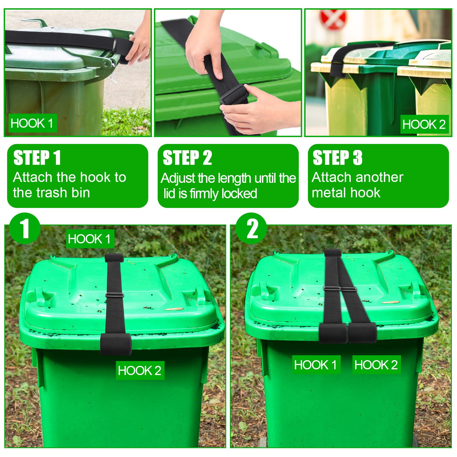 6-Pack Adjustable Metal Double Claw Trash Can Lock Straps - Universal Animal-Proof Lid Locks for Outdoor Bins - Secure Against Raccoons, Dogs & Pests - Perfect for Backyard, Garage & Campsite Use