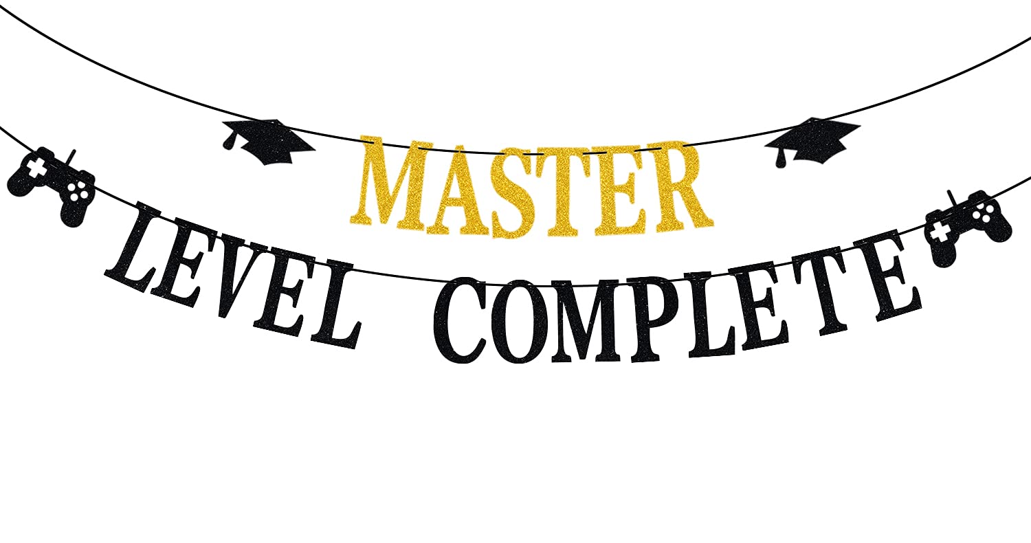 Master Level Complete Banner - Congrats Master Banner for Video Game Themed Graduation Decor | Gold Black Glitter Class of 2025 Graduation Party Supplies | Perfect for Gaming Graduation Parties, School Celebrations & Achievement Decorations