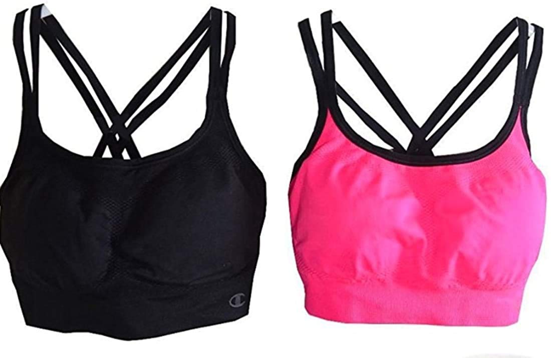 Champion Women's Seamless Criss Cross Sports Bras (2 Pack) - Large, Black & Pink - Comfortable Workout Bras for Yoga, Gym & Everyday Wear