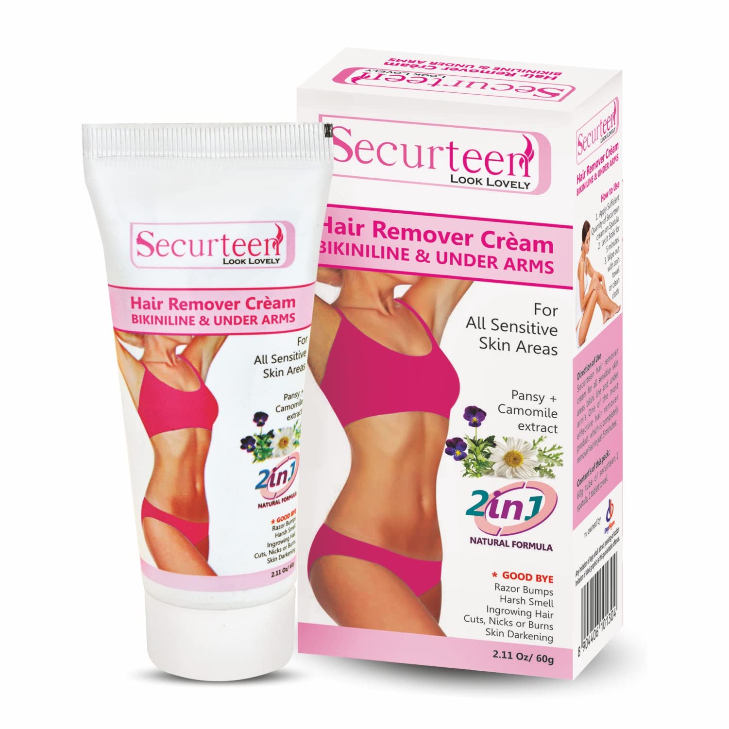 Securteen ISO Certified Hair Removal Cream with Pansy & Chamomile Extract - Gentle Formula for Sensitive Skin | Bikini Line & Underarm Hair Remover | 60g | Perfect for At-Home Smoothing & Pre-Vacation Prep