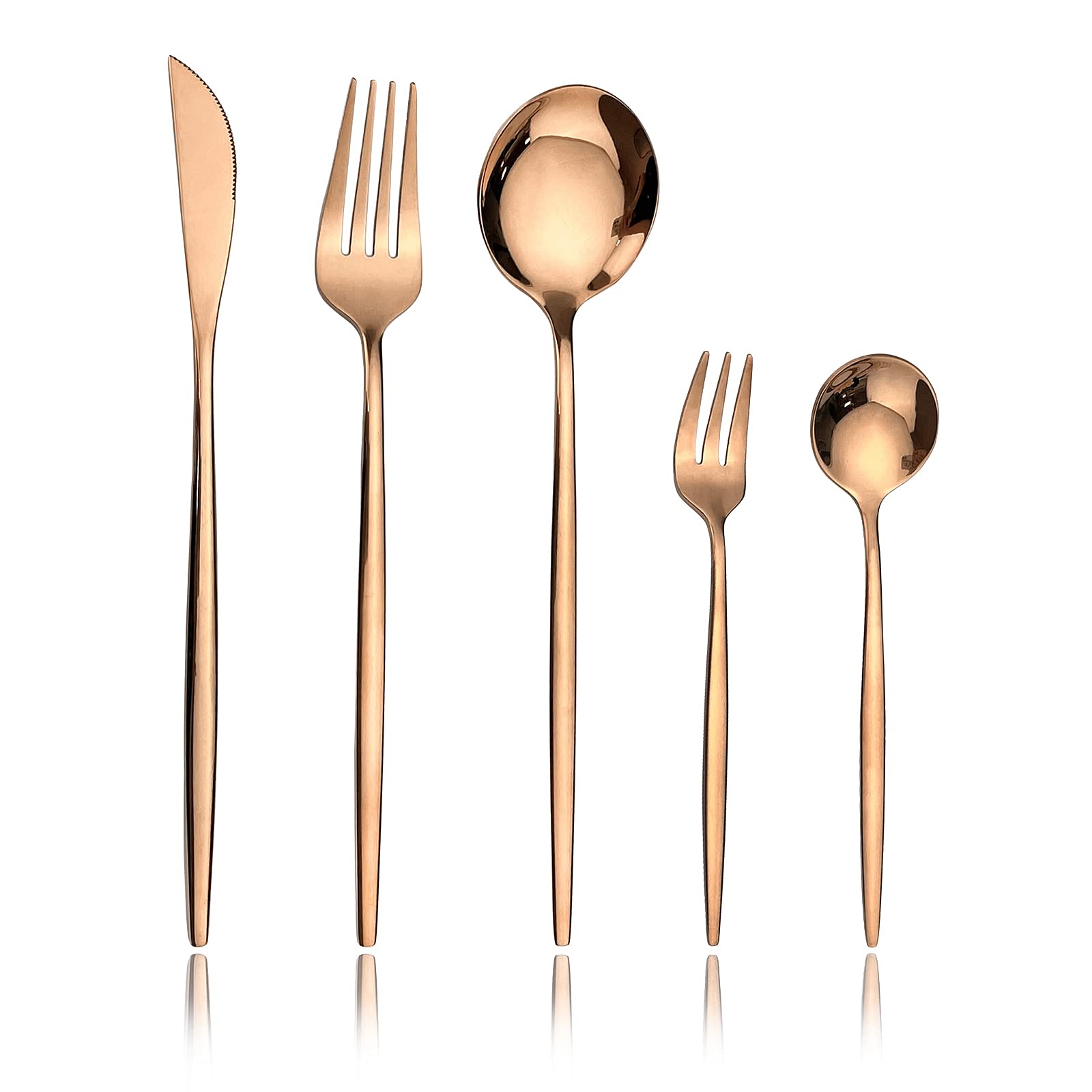 20-Piece Copper Shiny Polished Flatware Set - 18/0 Stainless Steel Dinnerware for Home, Restaurant, Wedding & Party - Mirror Rose Gold Cutlery Set Service for 4 - Perfect for Fine Dining, Entertaining & Special Occasions