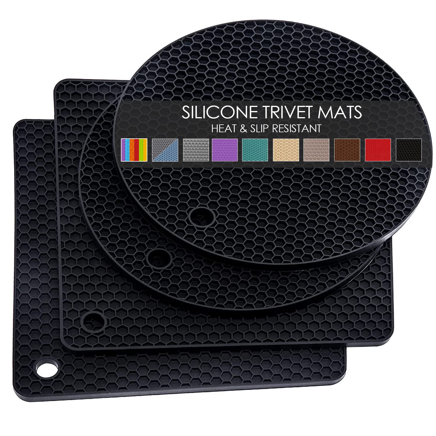 4 Pack Black Silicone Trivets for Hot Pots & Pans - Heat Resistant Non-Slip Kitchen Mats - Pot Holders, Drying Mats & Jar Openers - Perfect for Countertops, Dining Tables & Outdoor Cooking