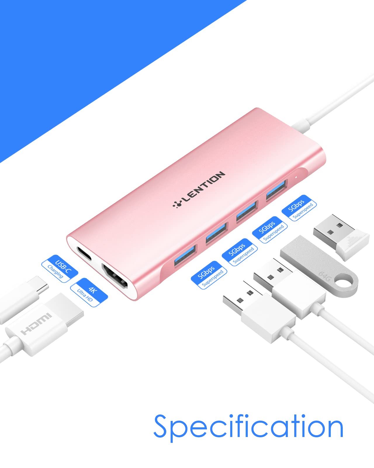 LENTION USB-C Hub 8-in-1 with 4K HDMI, 100W PD Charging, 4 USB 3.0 Ports, SD/TF Card Reader - Compatible with MacBook Pro/Air, Surface, Chromebook, iPhone 15 - Rose Gold | Perfect for Home Office, Travel & Multi-Screen Workstations