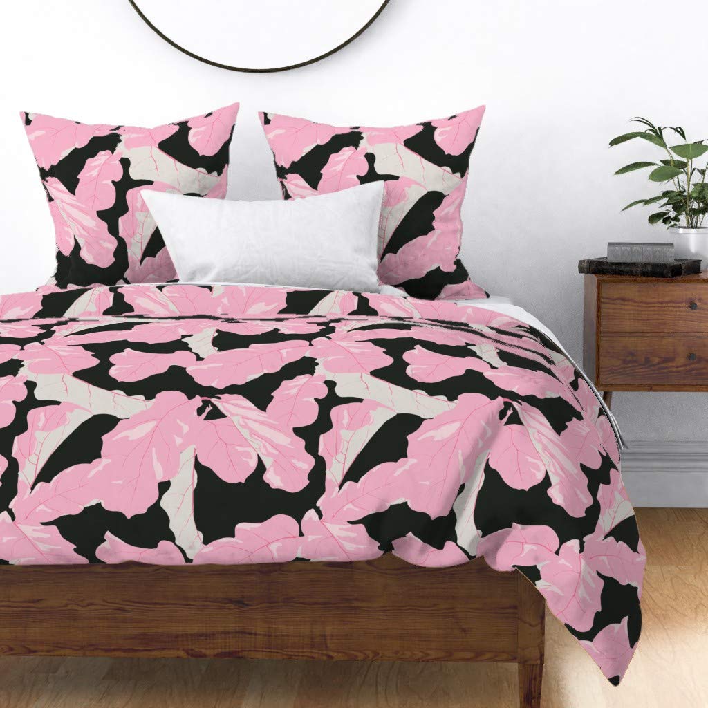 Premium Cotton Sateen Duvet Cover King/California King - Tropical Pink Palm Leaves & Jungle Fig Tree Pattern, Bold Black Summer Decor | Custom Printed Bedding Set by Spoonflower | Perfect for Beach House, Boho Bedroom & Tropical Theme Decor