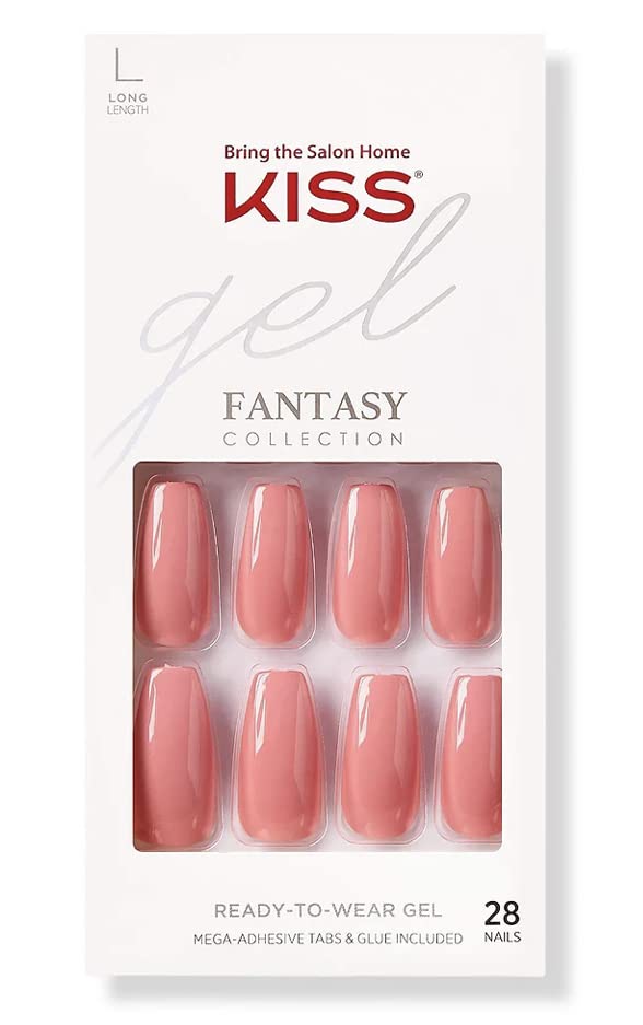 KISS Gel Fantasy Collection Fake Nails - Long Coffin Shape Press On Nails with Nail Glue & File | Pink Urbane Style | 28 Smudge-Proof Glue On Artificial Nails for Manicure | Perfect for Parties, Weddings & Special Occasions