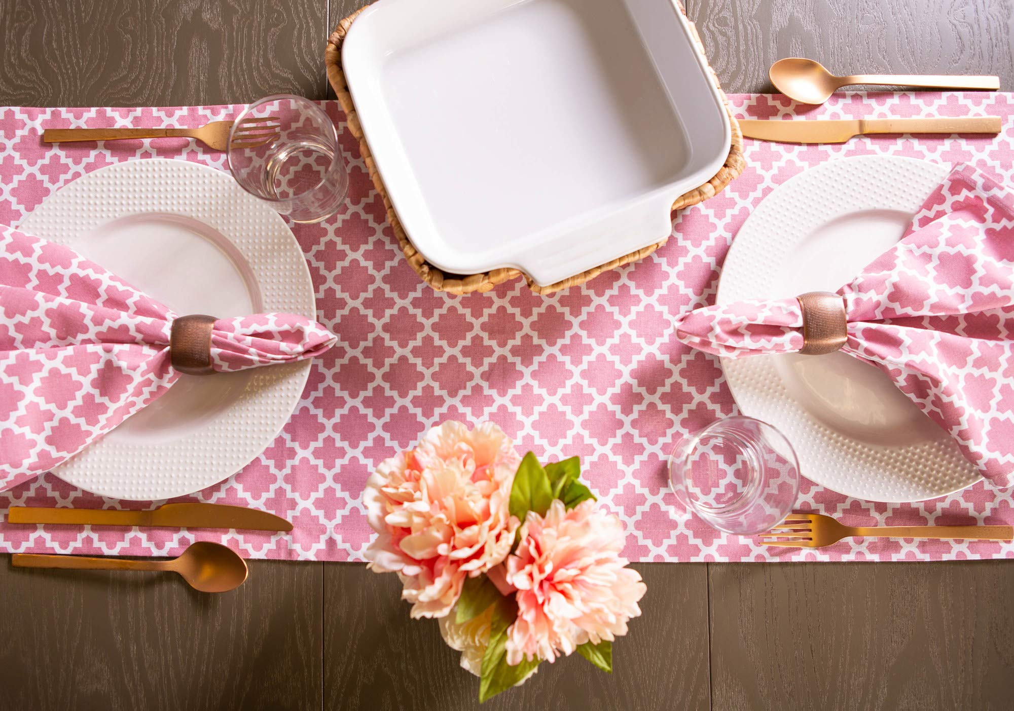 Moroccan Quatrefoil Cotton Table Runner 108 Inch - Rose Pink & White - Elegant Dining Table Decor for Weddings, Parties & Home Decor