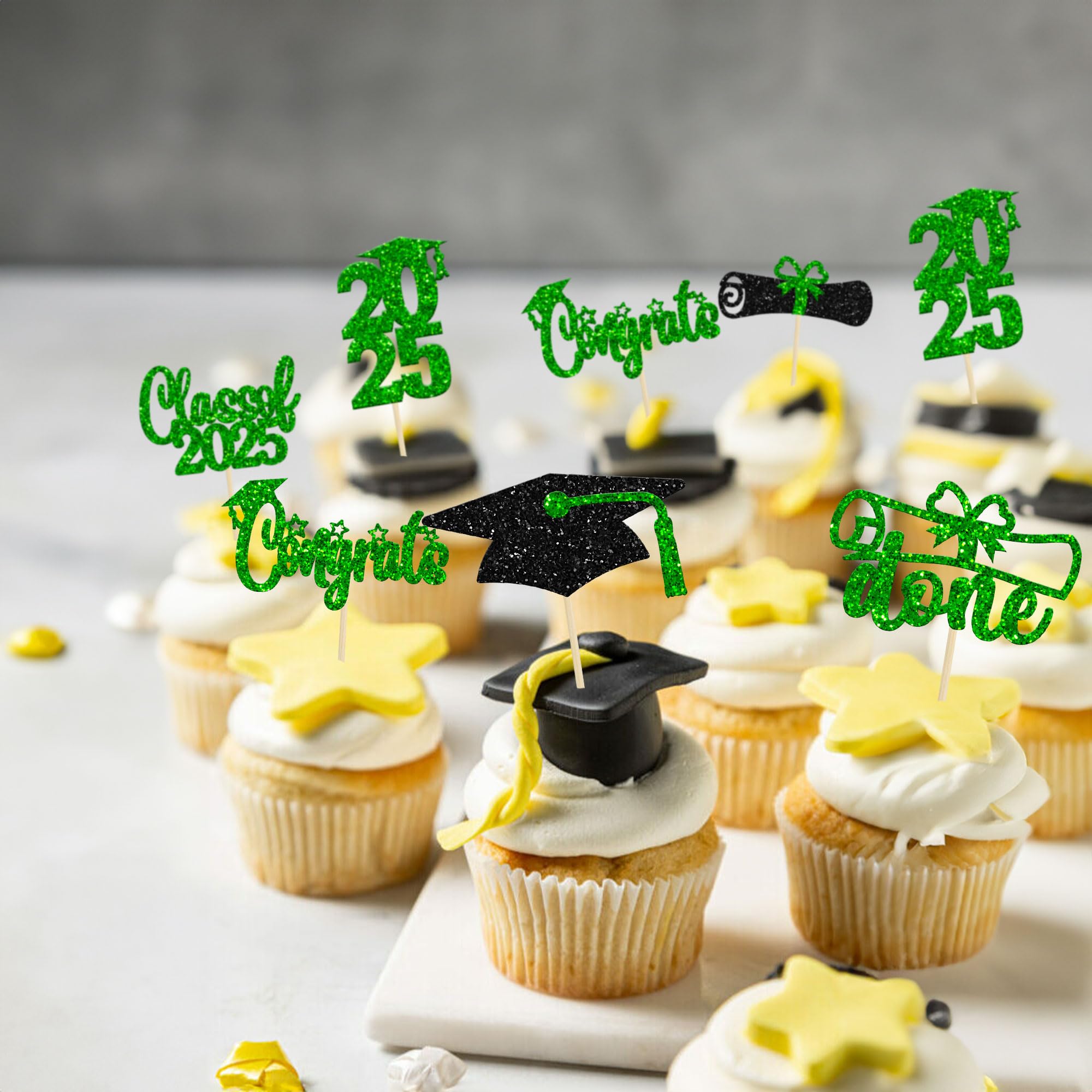 24 Pack Class of 2025 Graduation Cupcake Toppers - Glitter Congrats Grad Cap & Diploma Cake Decorations - Green Graduation Party Supplies for 2025 Theme Celebrations, School Parties & Commencement Cakes