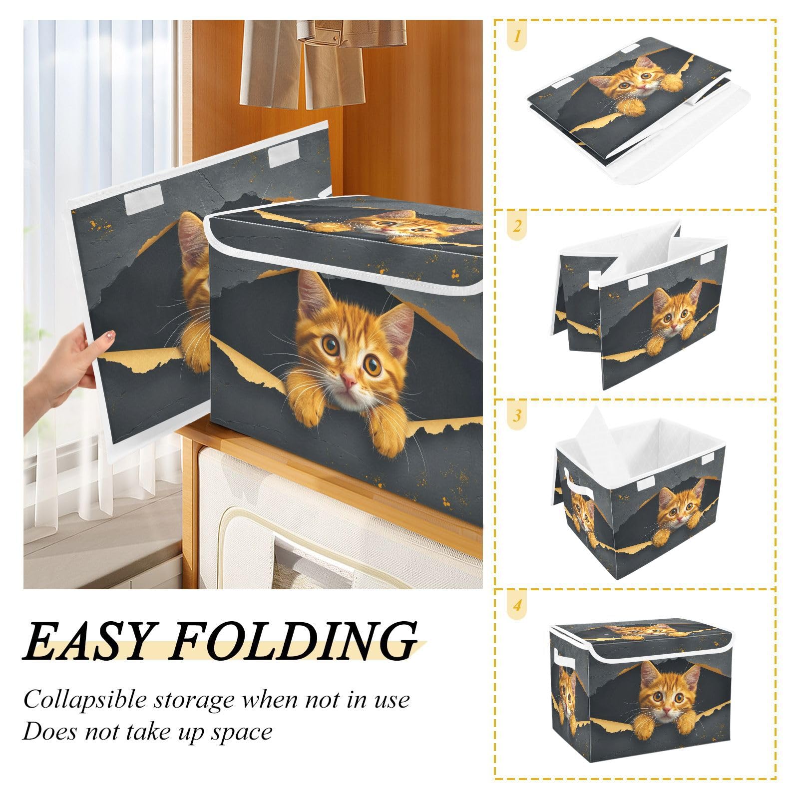 Senya Collapsible Storage Bins with Lids - Foldable Orange Cat-Themed Organizing Baskets for Clothes, Toys & Home Organization | Space-Saving Storage Solution for Bedroom, Closet & Laundry Room