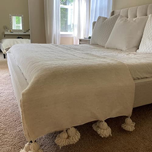 Soft Chunky Handmade Boho Pom Pom Throw Blanket - Woven Lightweight Cotton & Wool Blend for Bed, Couch, Camping - Cozy Home Decor & Outdoor Picnic Accessory