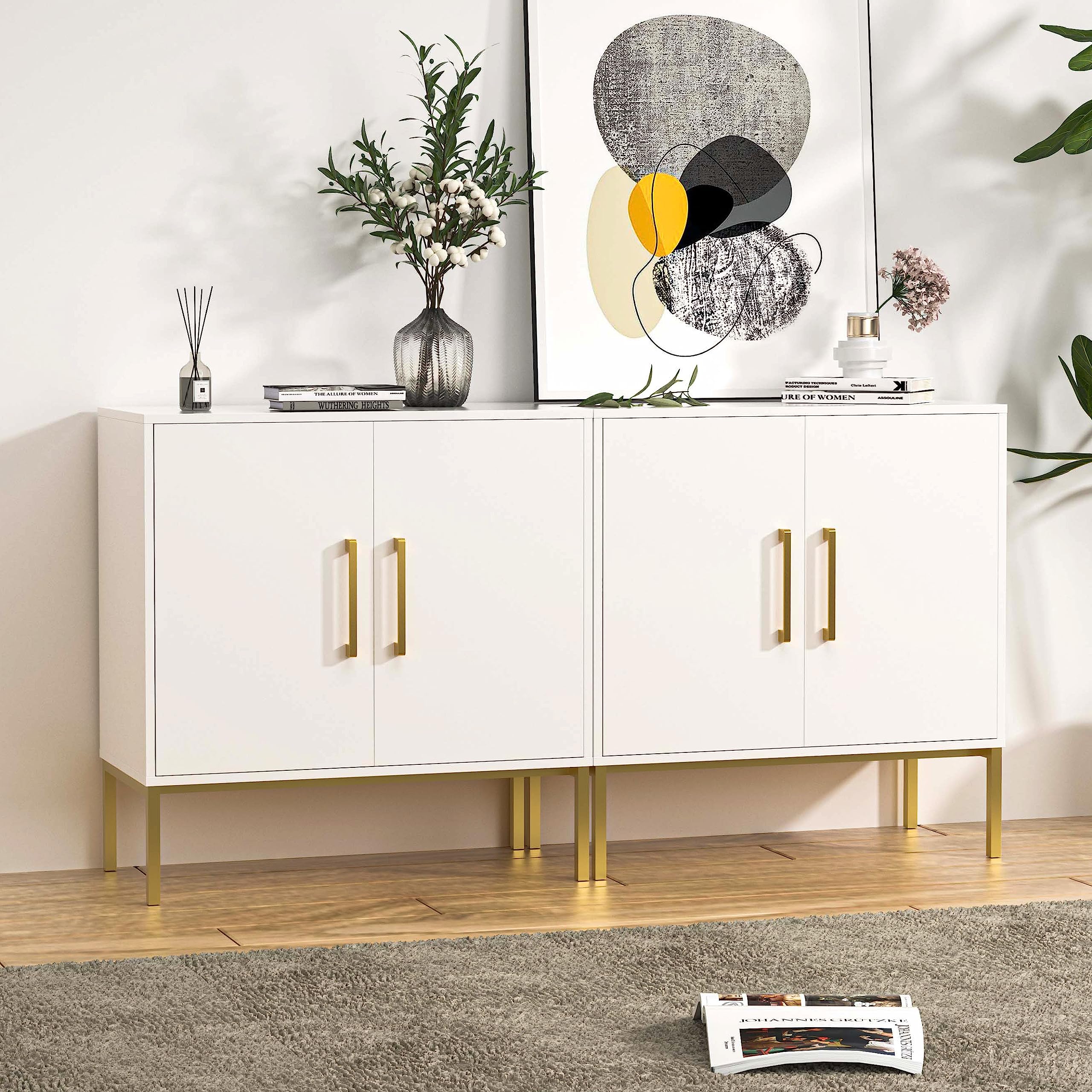 LYNSOM 2-Piece White Accent Storage Cabinet Set with Doors & Adjustable Shelves - Freestanding Office Cabinet, Modern Sideboard Buffet Table for Dining Room, Living Room, Hallway - Perfect for Home Organization & Stylish Storage Solutions