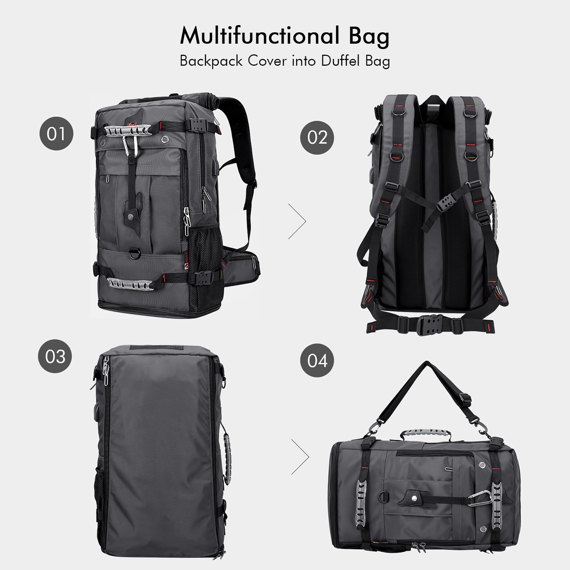 WITZMAN Convertible Travel Backpack for Men - Duffle Luggage Carry On Bag Fits 17 Inch Laptop - Airplane Approved - B681 Silvery Grey - Perfect for Business Trips & Weekend Getaways