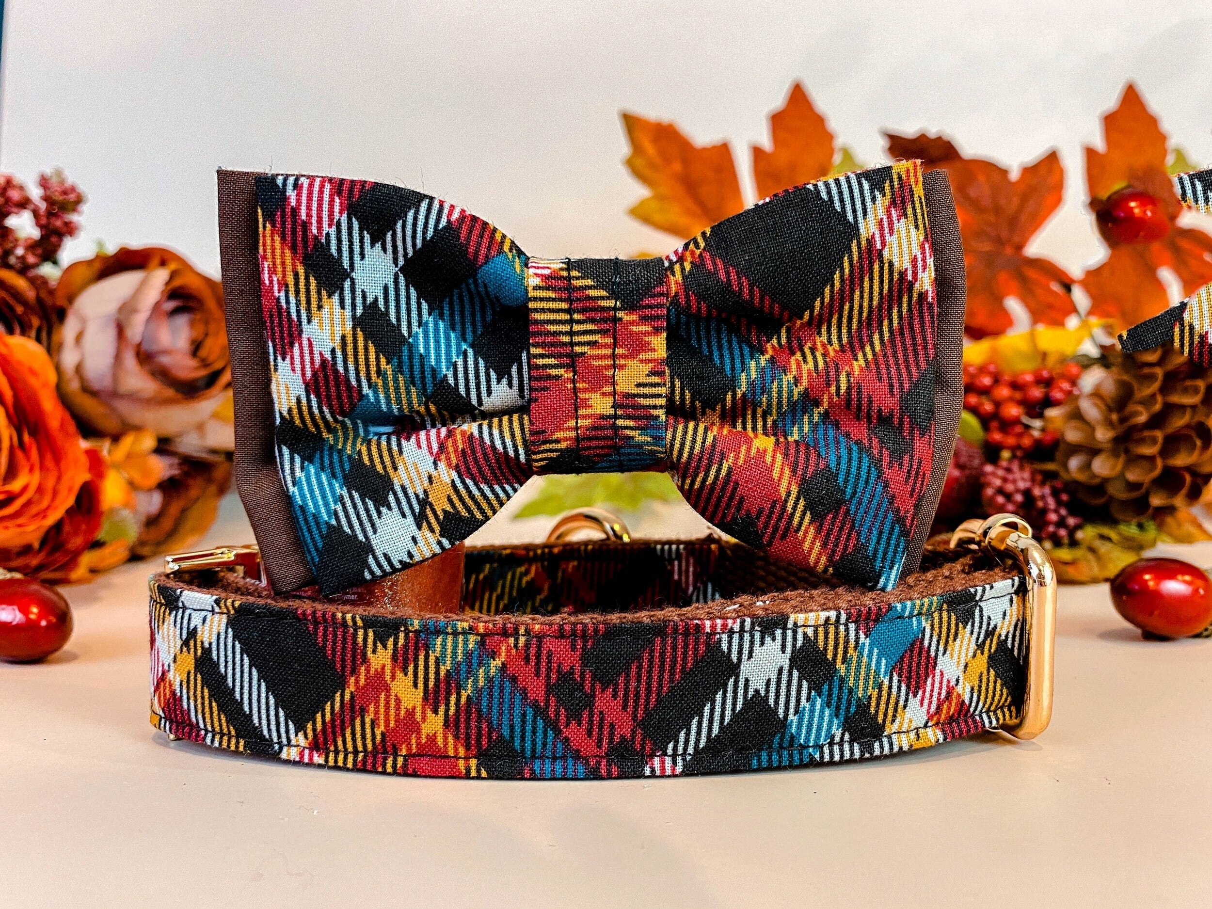 Fall Plaid Dog Collar Bow Tie - Autumn Adjustable Pet Collar for Small & Medium Dogs - Perfect for Halloween, Thanksgiving & Christmas Outfits