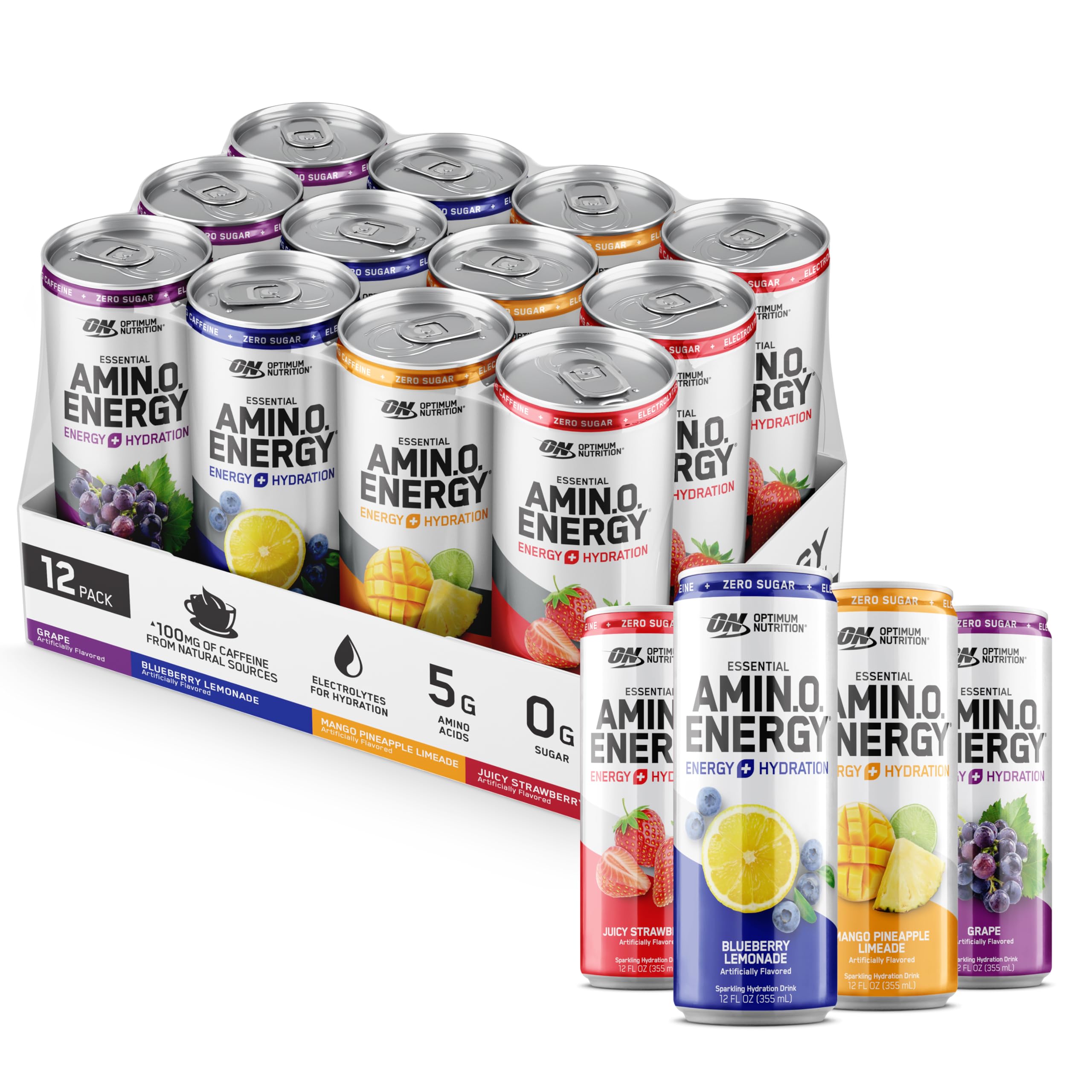 Optimum Nutrition Amino Energy Sparkling Hydration Drink with Electrolytes & Caffeine - Sugar Free BCAA Amino Acid Supplement - 12 Fl Oz Variety Pack of 12 Cans - Perfect for Workout Recovery, Energy Boost & Post-Exercise Hydration