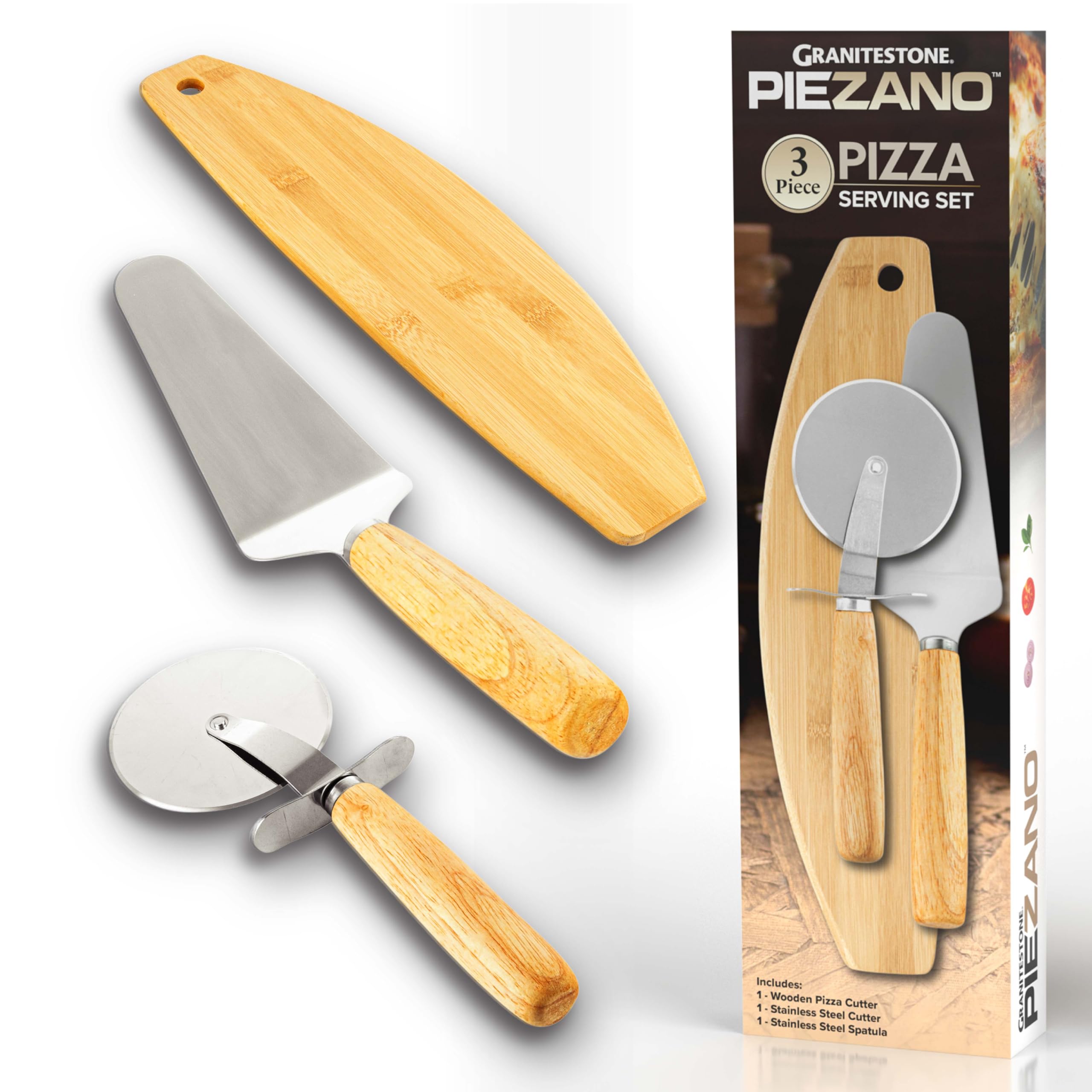 Granitestone Piezano Pizza Oven 3-Piece Accessories Kit - Includes Pizza Cutter Wheel, Serving Spatula & Wooden Pizza Peel - Perfect for Outdoor Pizza Making, Backyard BBQs & Italian Cooking