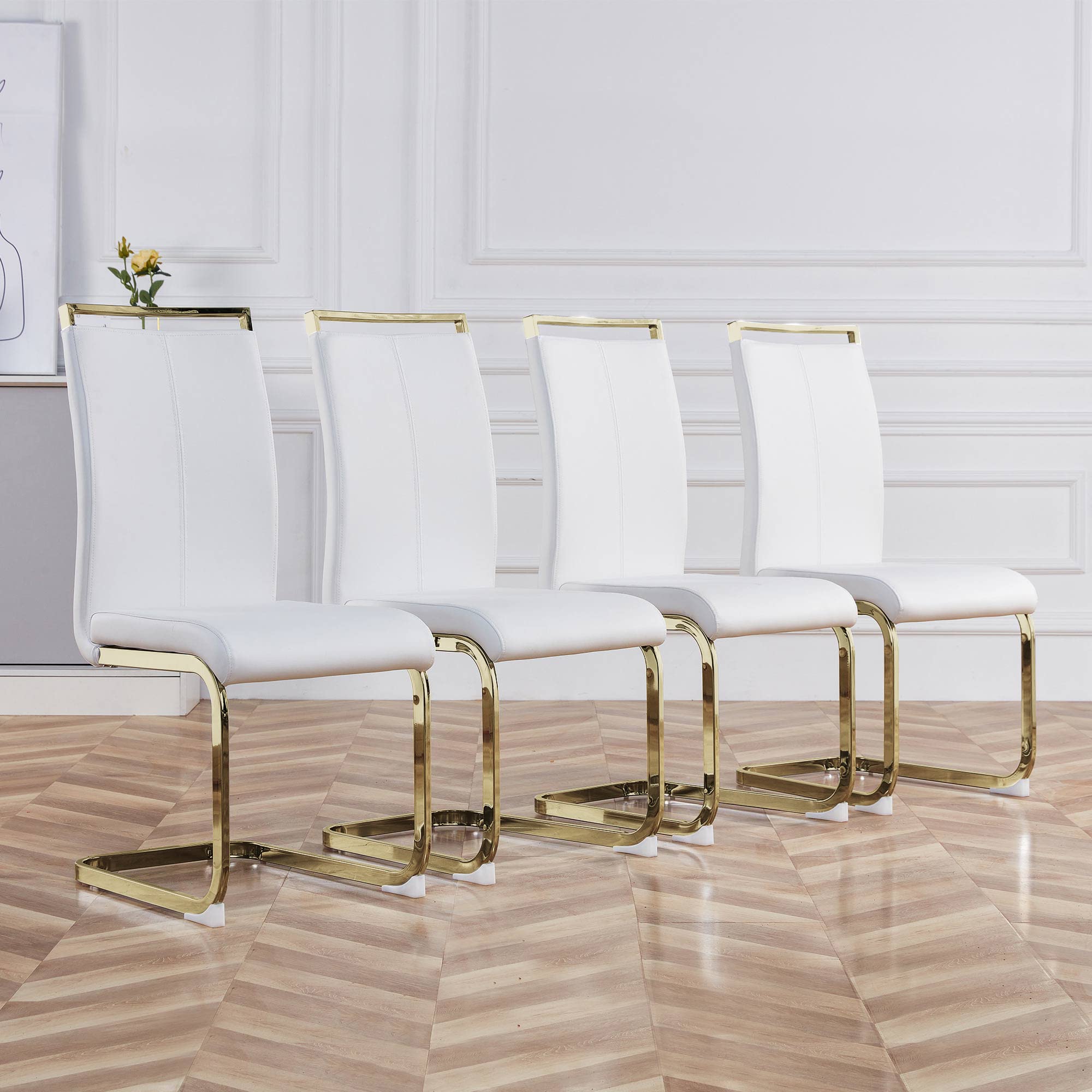 Baysitone Modern Dining Chairs Set of 4 - Gold Legs Faux Leather Padded High Back Chairs for Kitchen, Dining Room & Living Room - Elegant White Seating for Home Decor & Entertaining